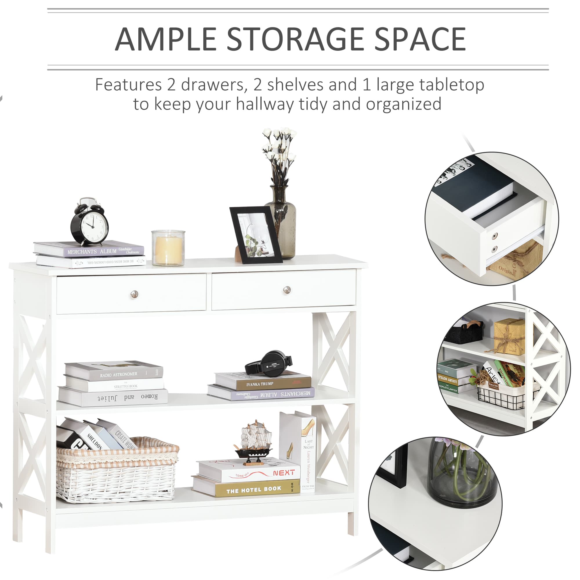 White X-Frame Console Table with Drawers and Open Shelves - image 8