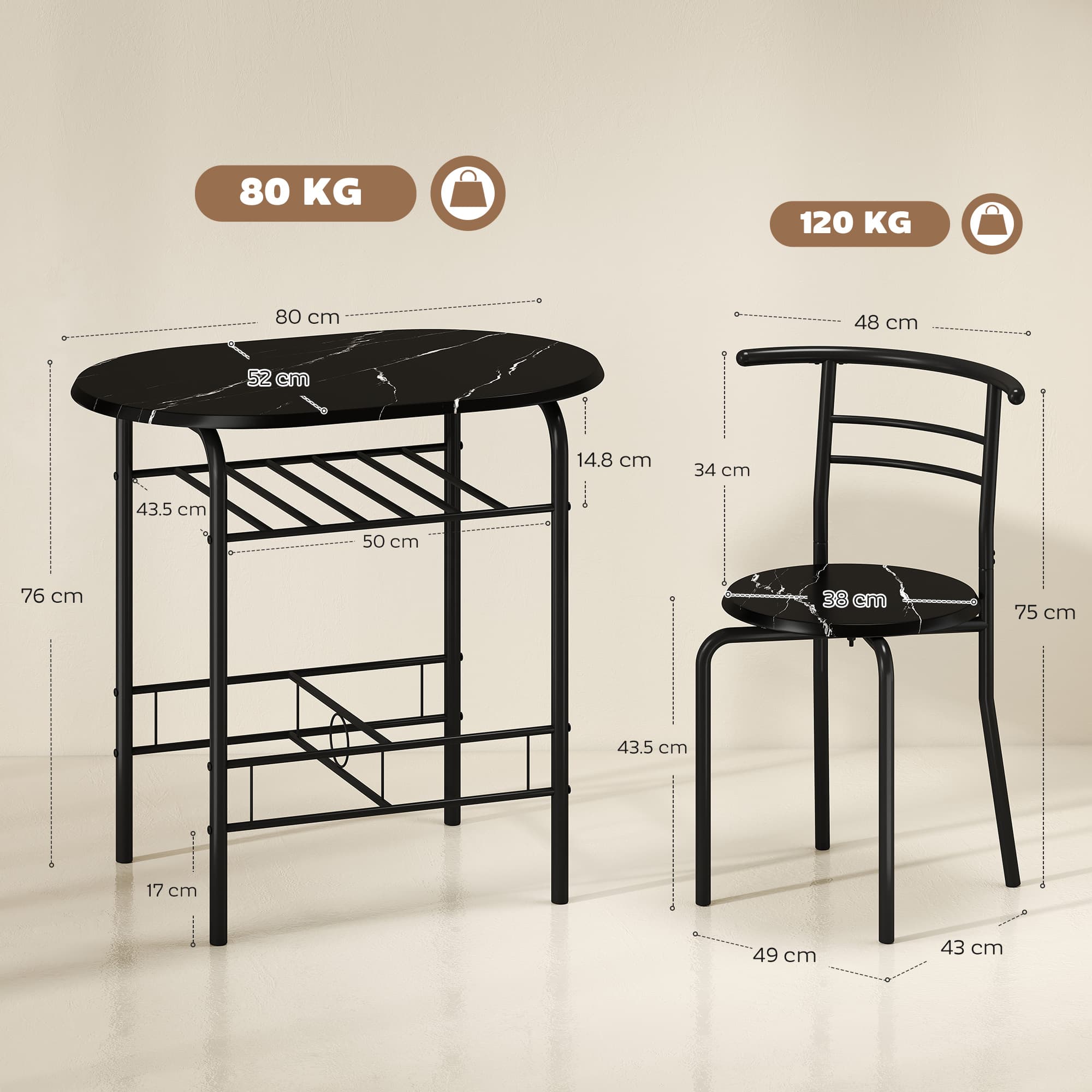 Compact Black Dining Set for Two with Storage Shelf - image 3