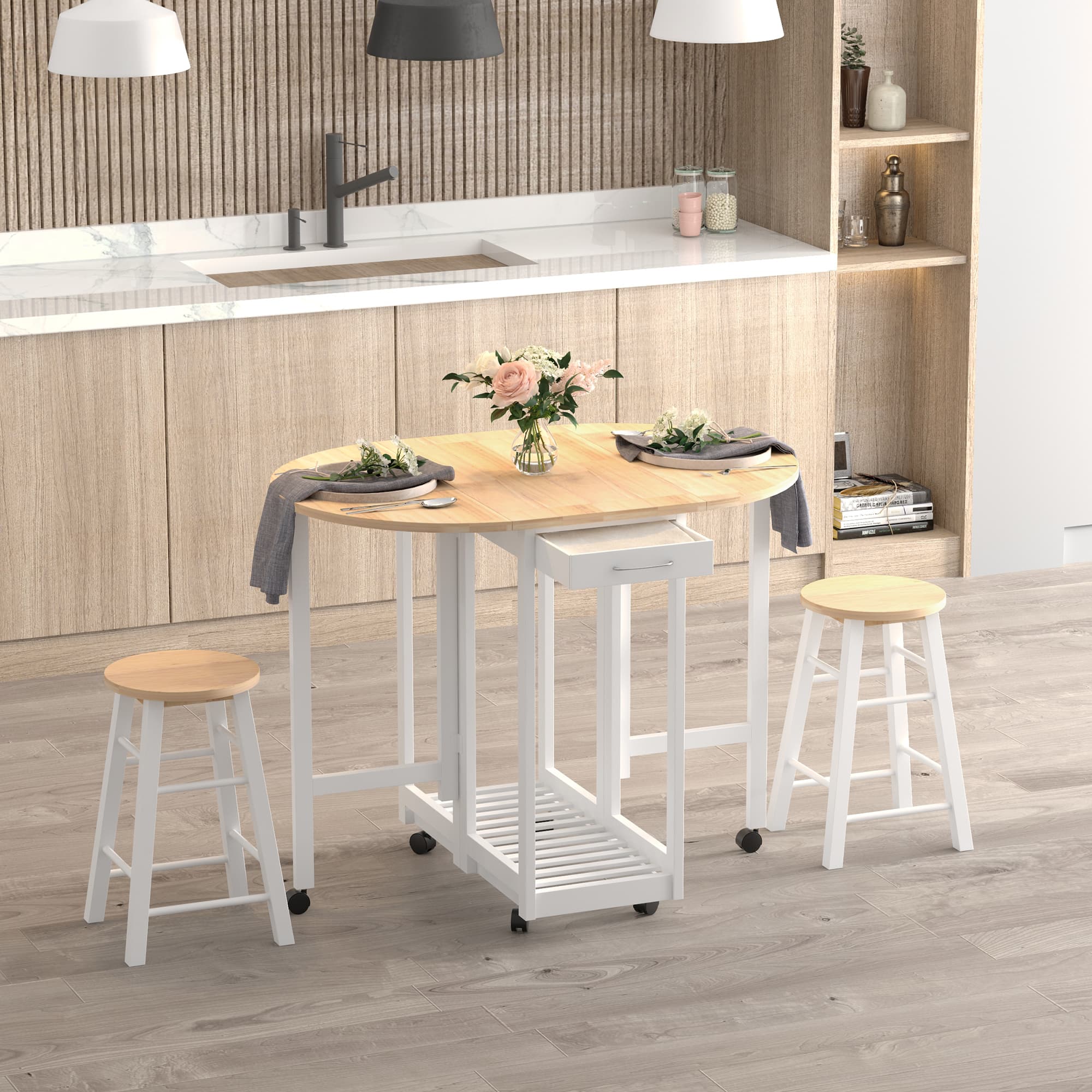 Space-Saving White Foldable Dining Table and Stools Set - image 5
