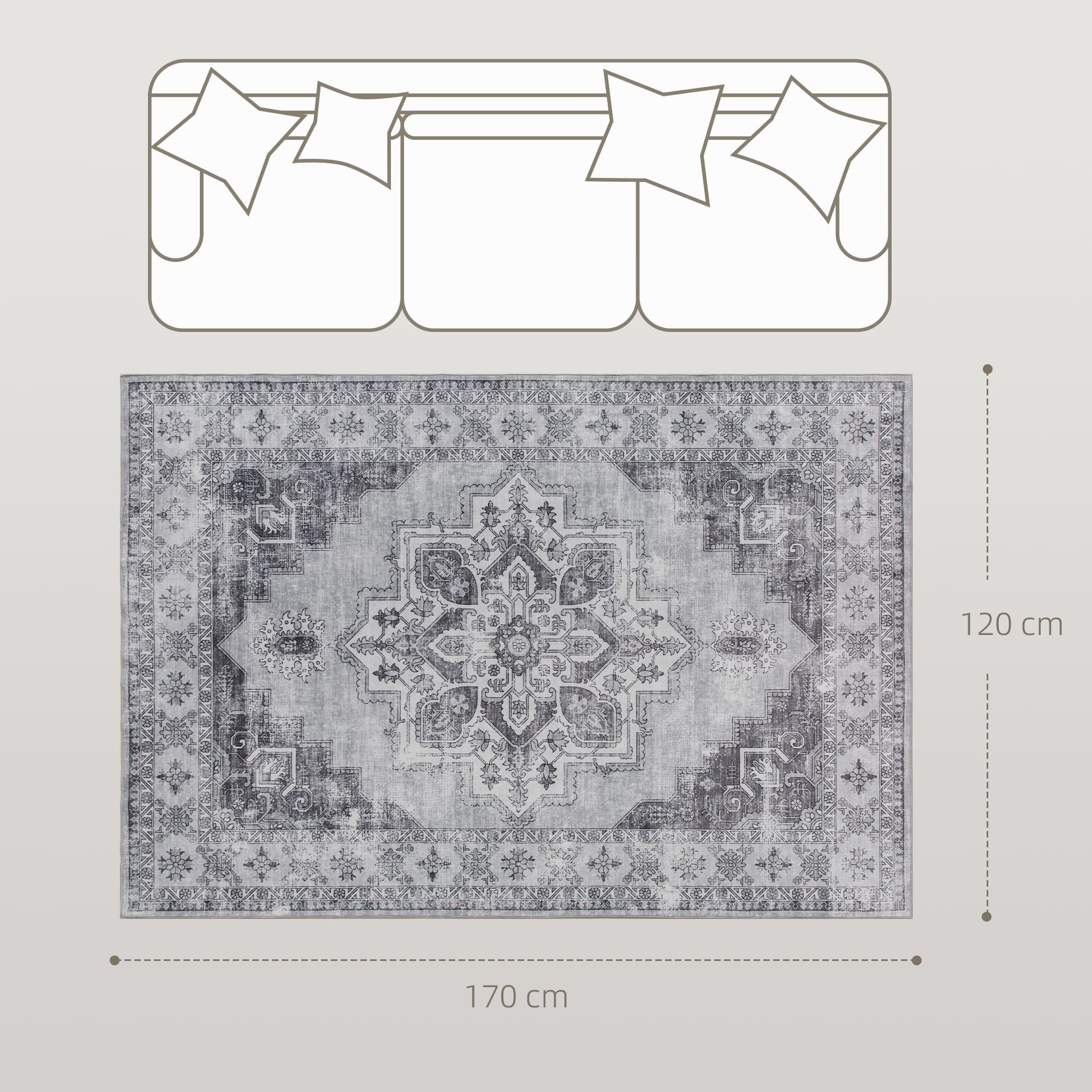 Vintage-Style Grey Washable Rug with Non-Slip Base, 170 x 120 cm - image 6