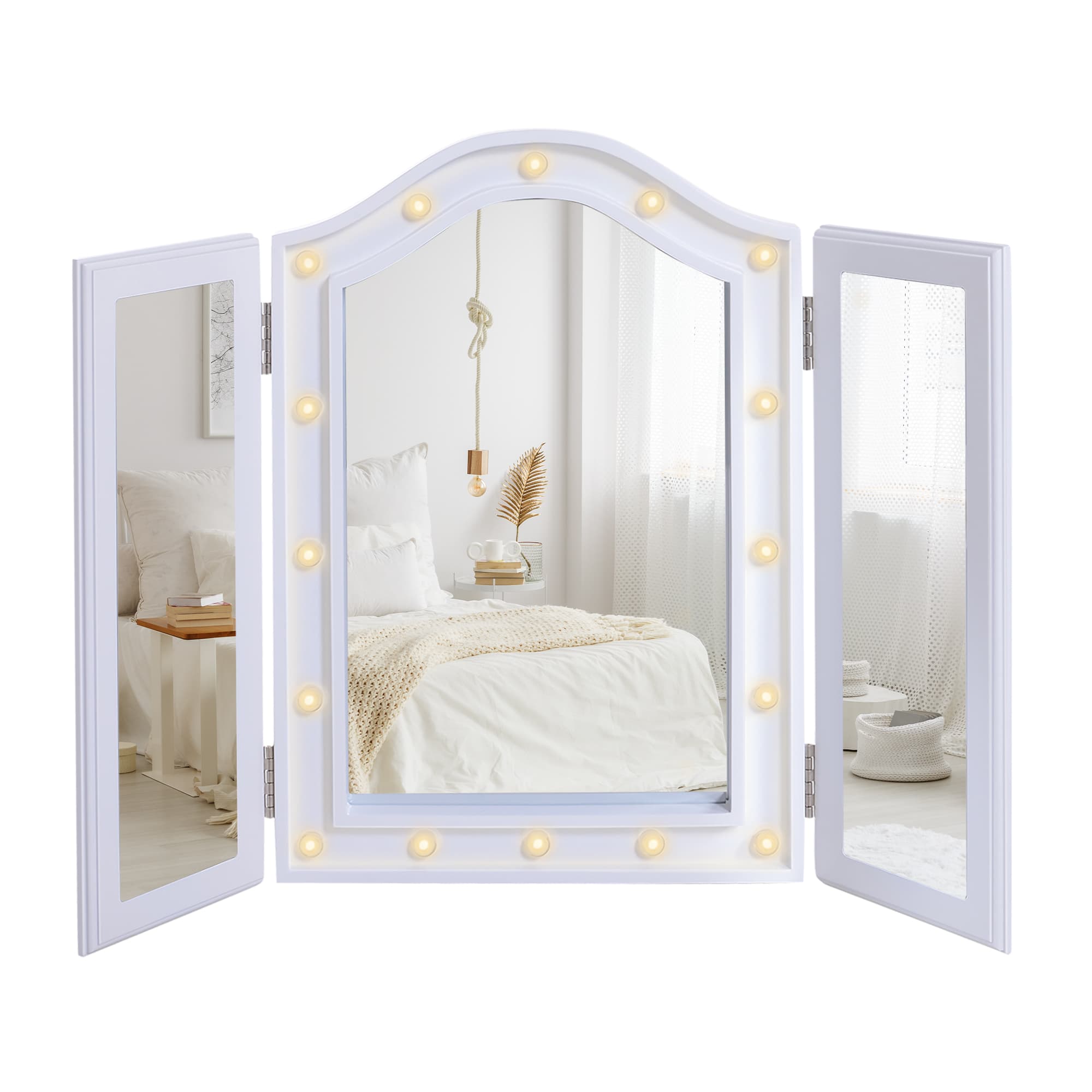 A tri-fold vanity mirror with 16 LED bulb lights in white - image 6