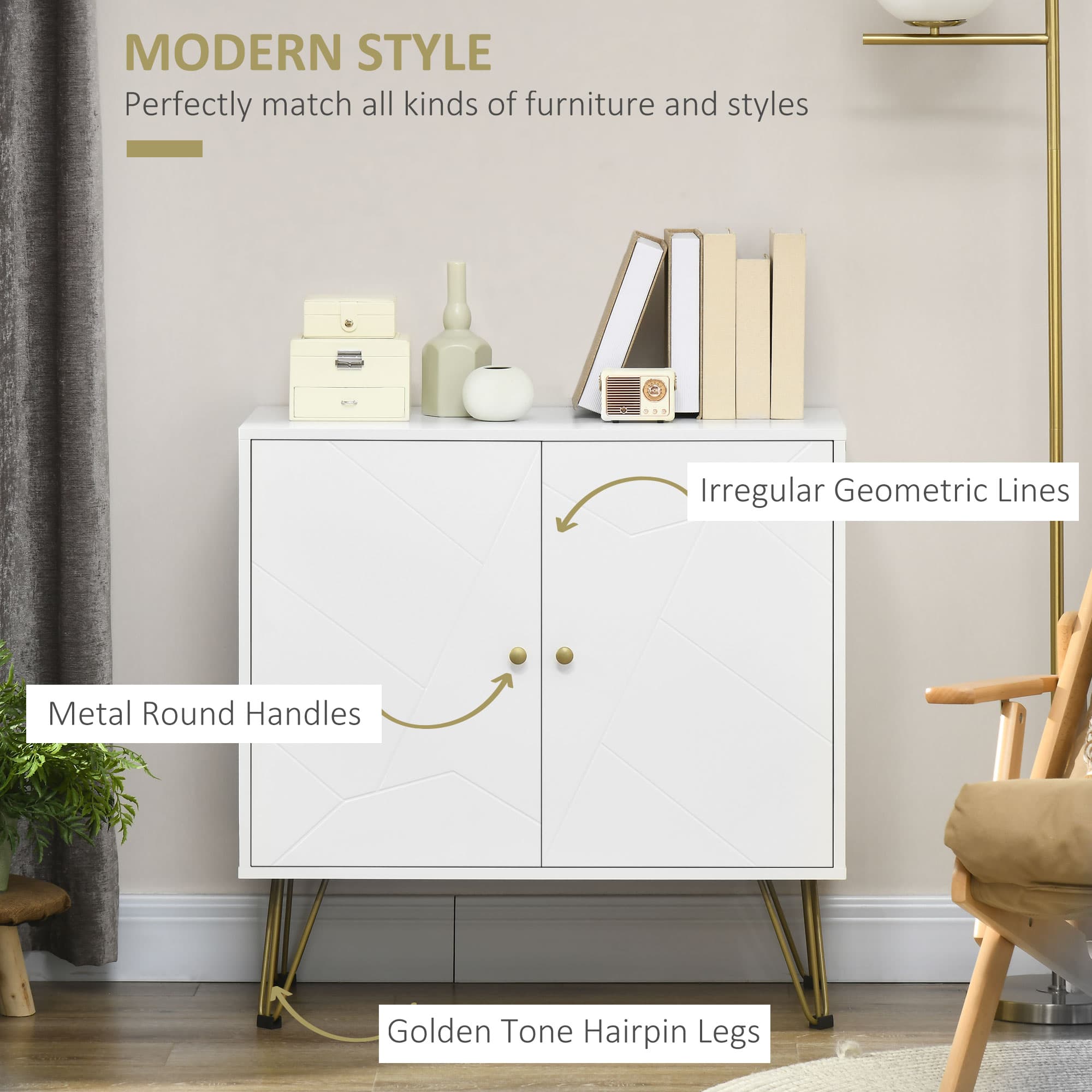 Slim White Storage Sideboard with Gold Hairpin Legs - image 4