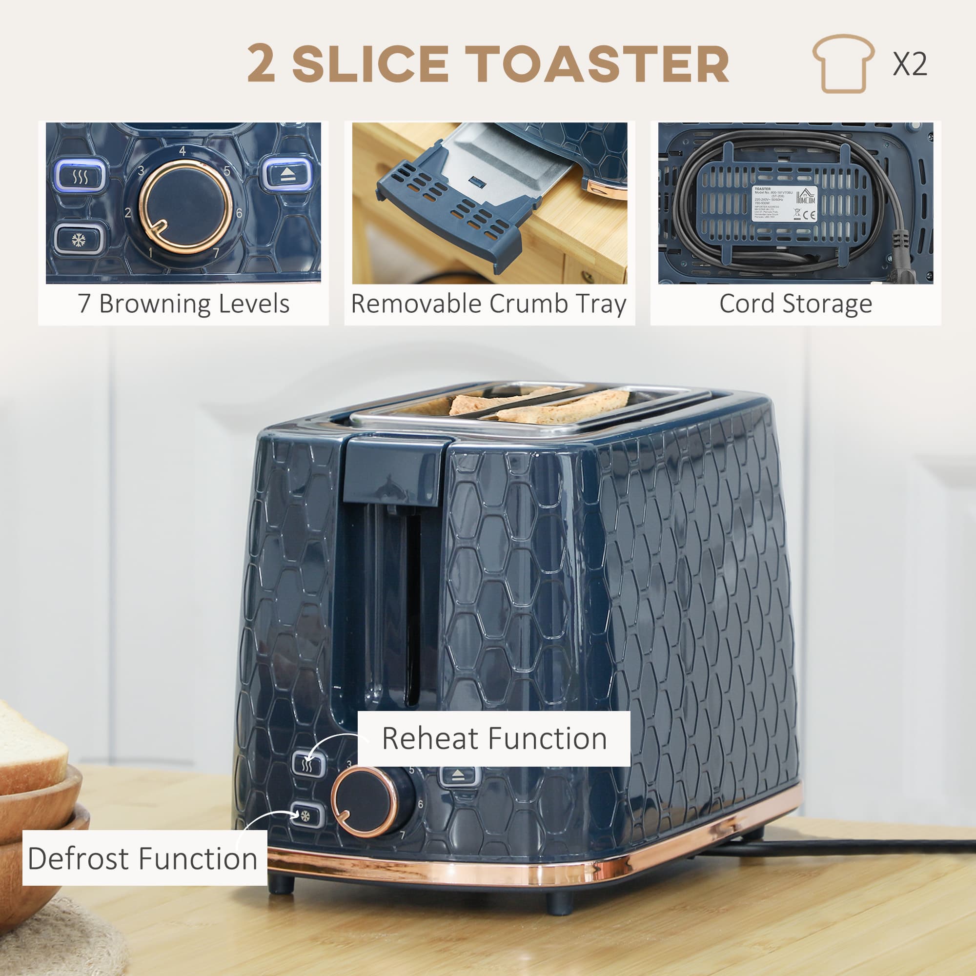 Matching Navy Kettle and 2-Slice Toaster with Copper Trim - image 6