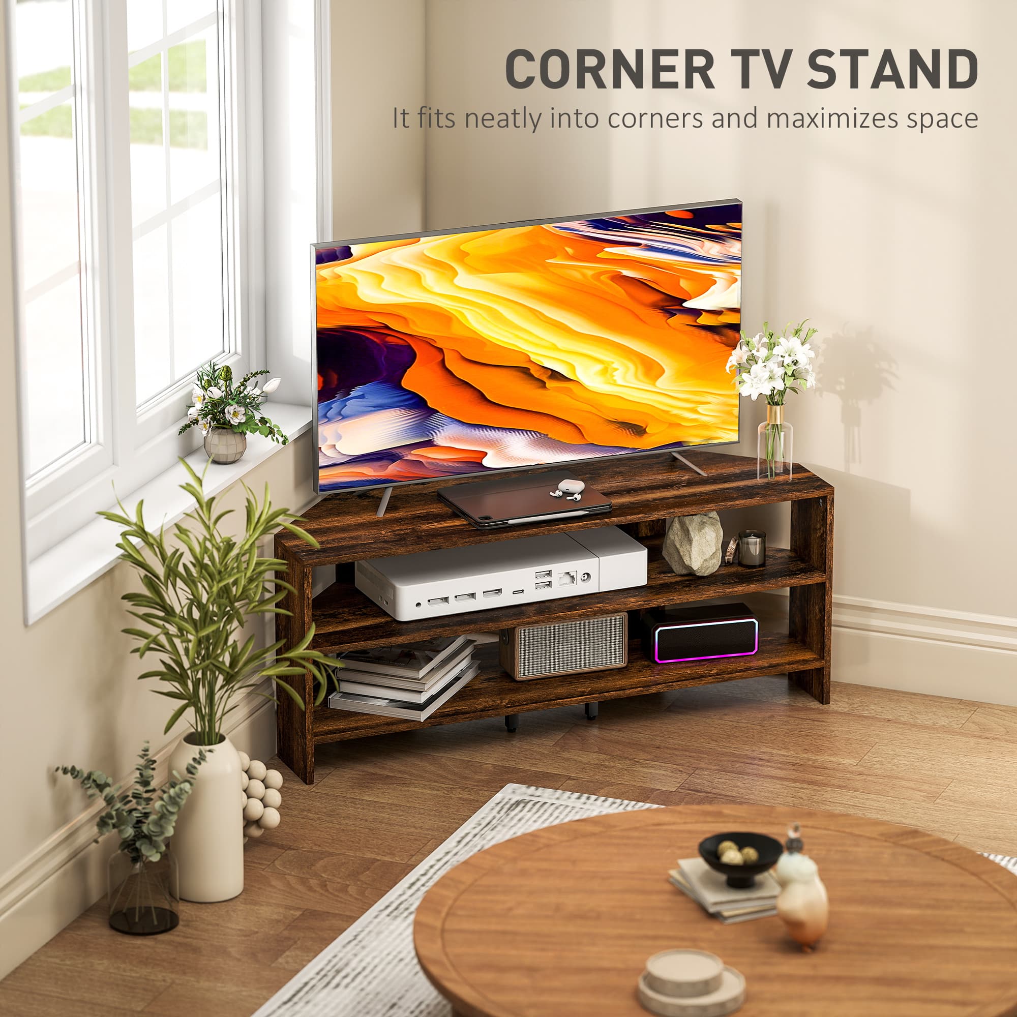 Transform Your Space with this Rustic Brown Corner TV Stand - image 4