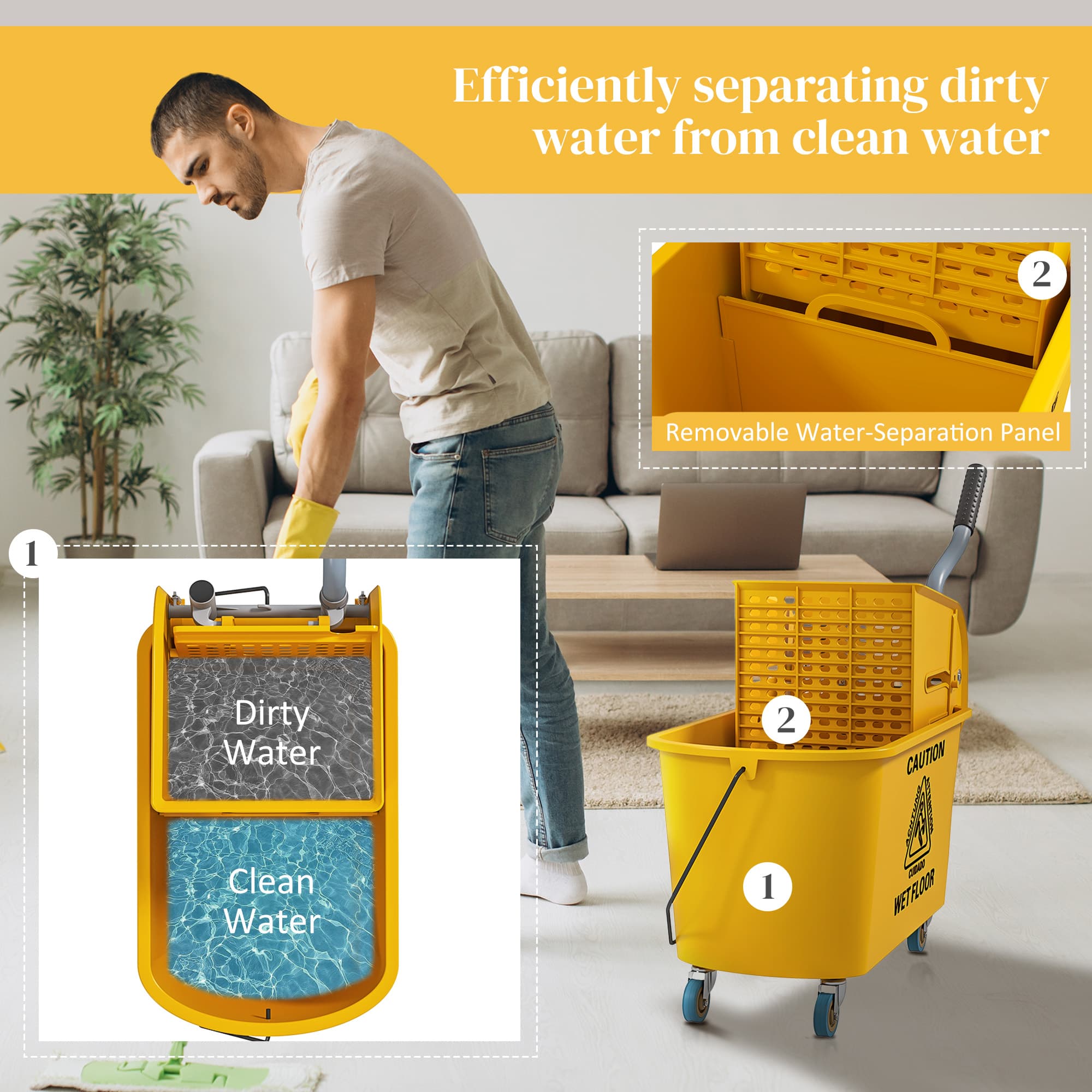 20L Mop Bucket with Side Wringer, Wheels, and Mop Included - image 6