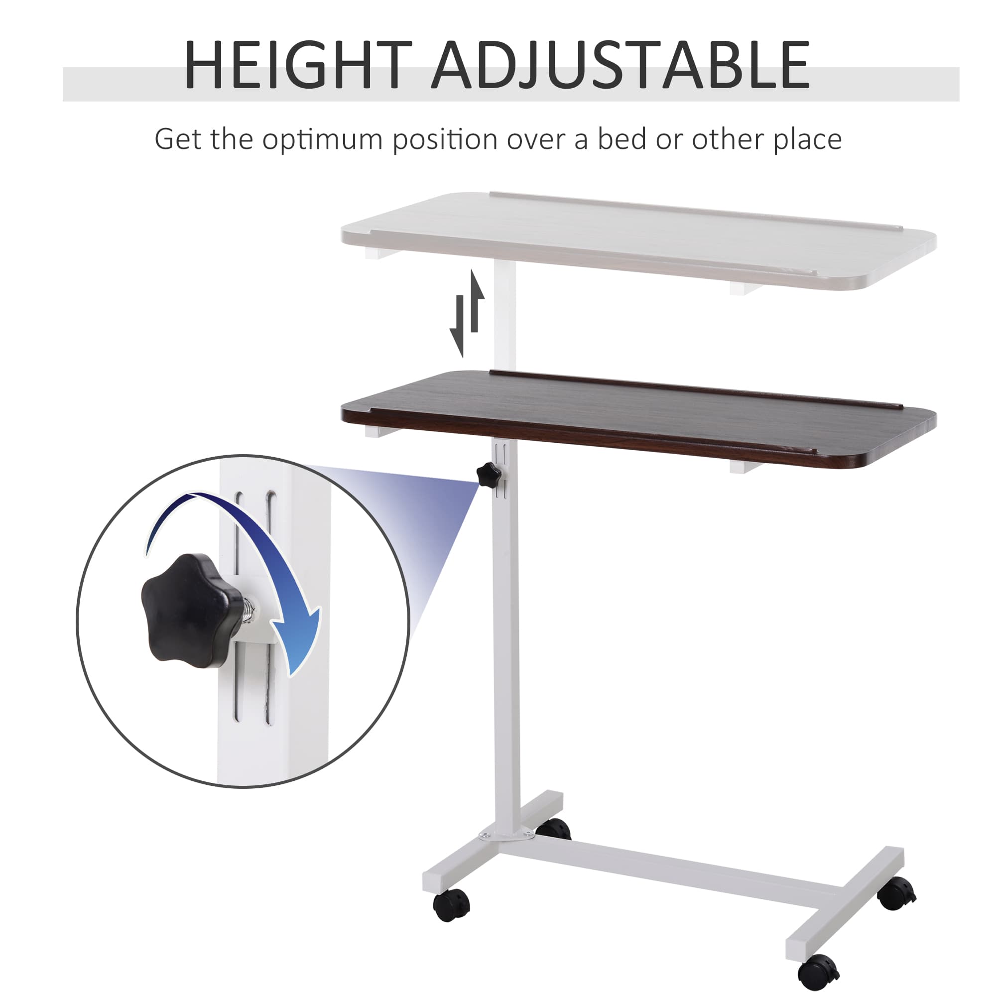 Height Adjustable Over-Bed Table on Wheels — Dark Brown Top, White Frame - image 10
