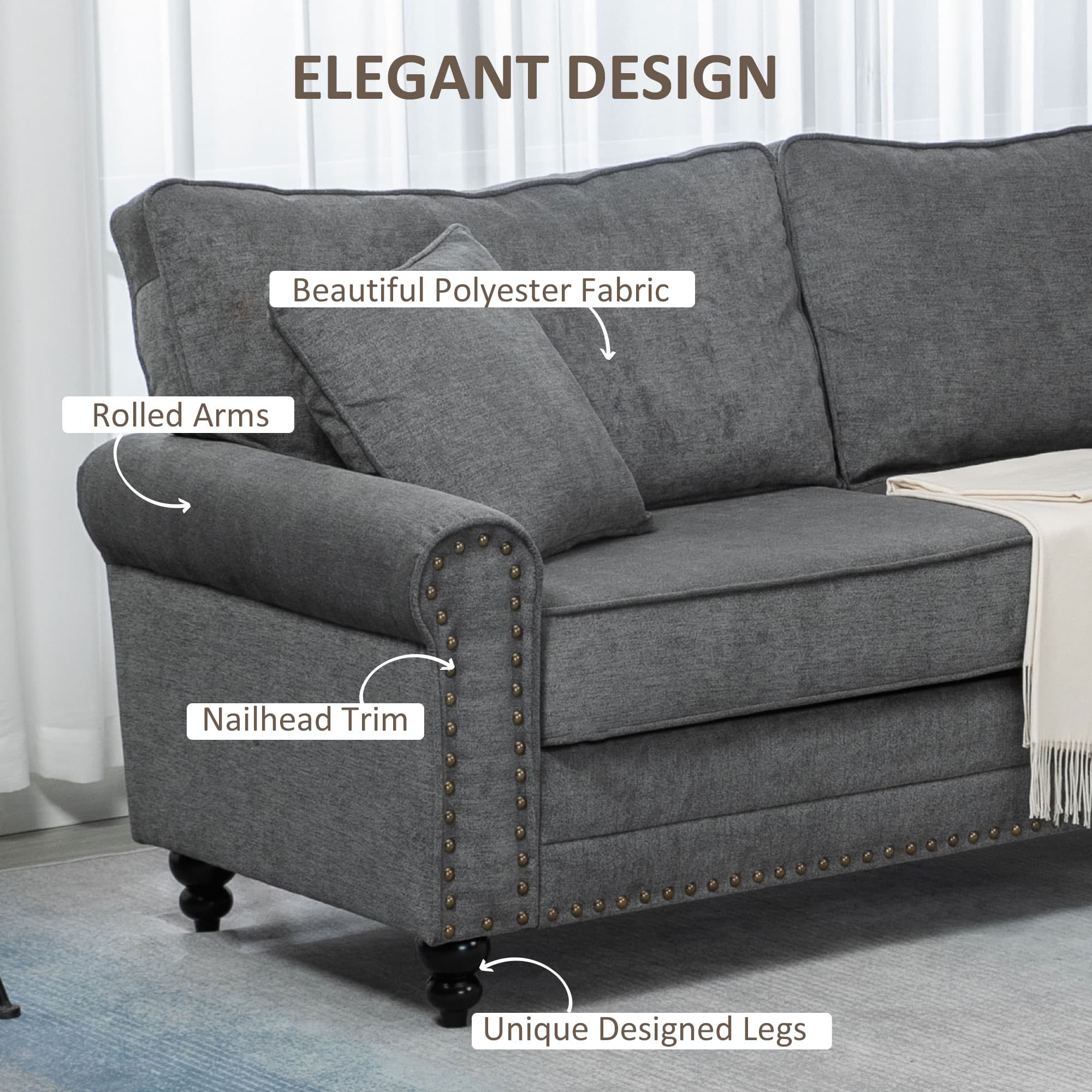 Elegant Grey 3 Seater Fabric Sofa with Nailhead Trim - image 5