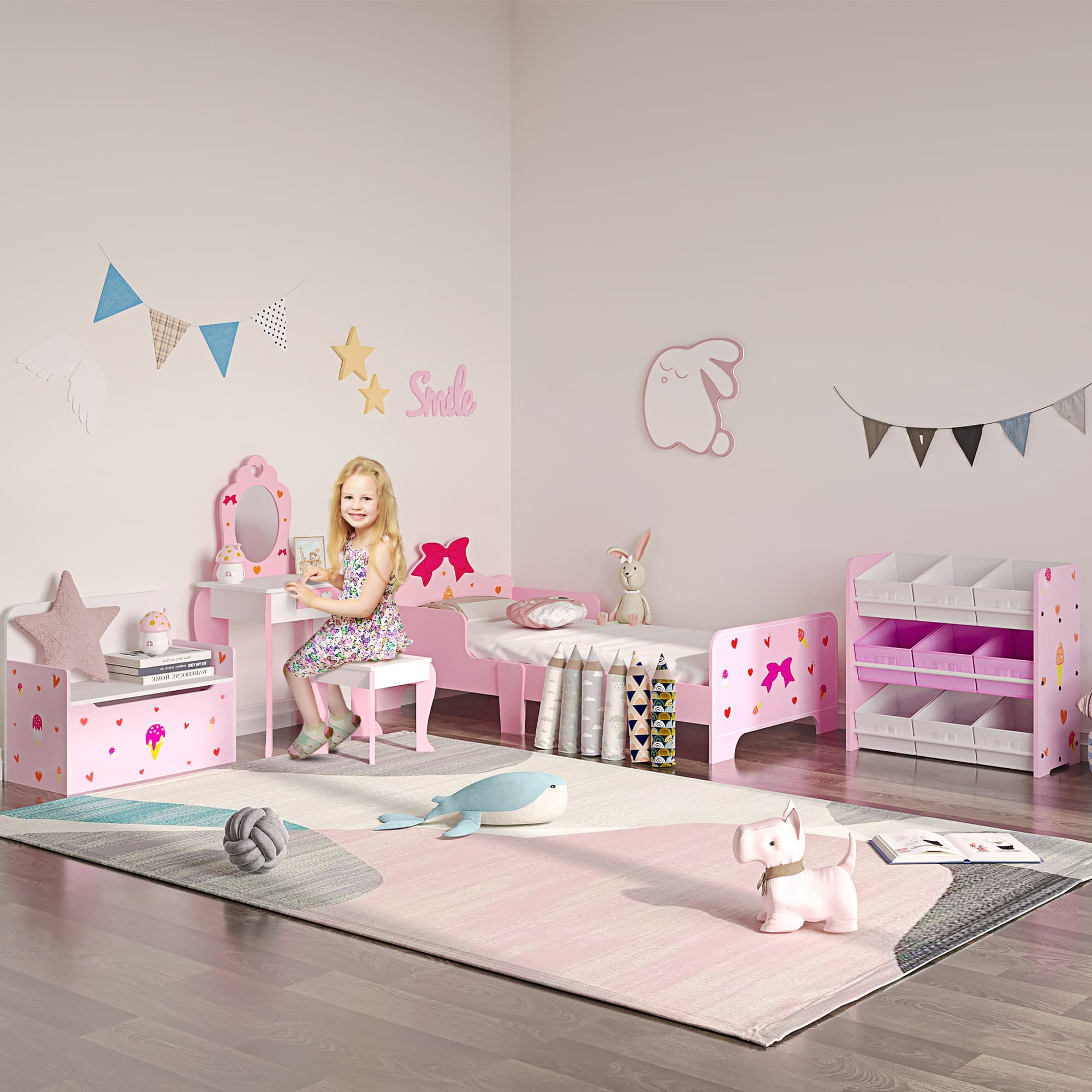Children's Pink Toy Box and Storage Bench with Safety Lid - image 9