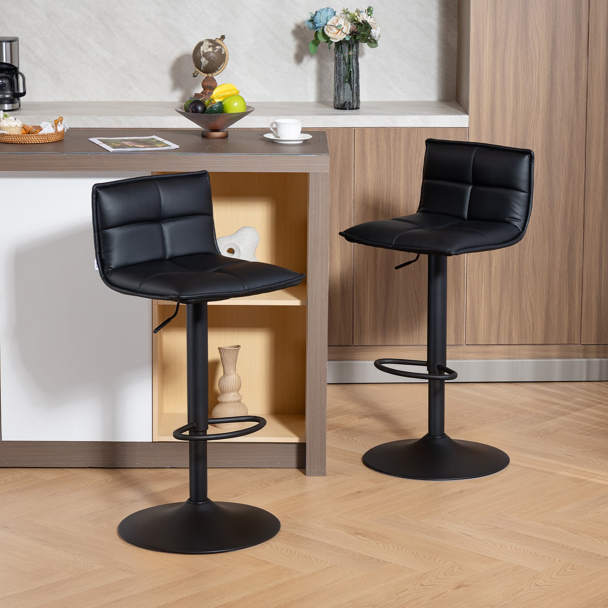 Modern Black Faux Leather Adjustable Bar Stools (Set of Two) - image 3