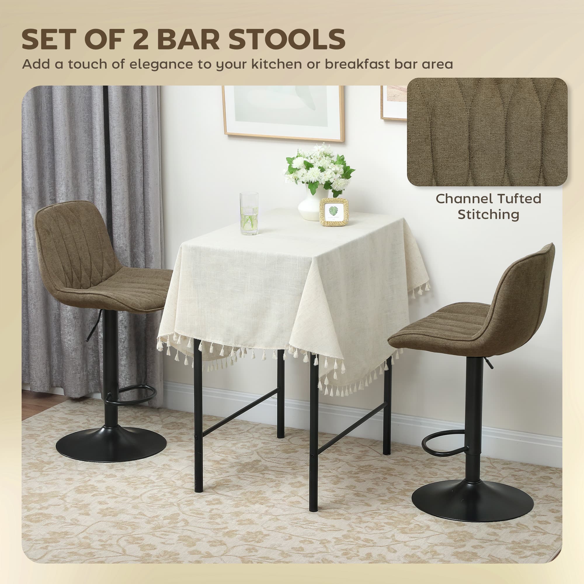 Premium Brown Linen-Look Adjustable Bar Stools - Set of Two - image 5