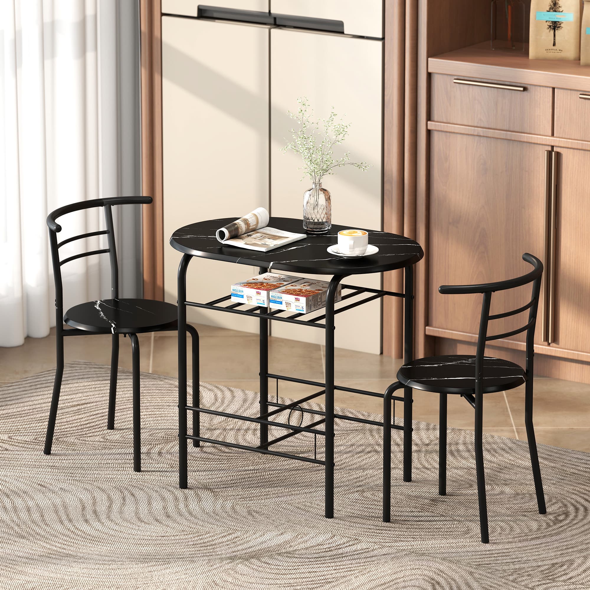 Compact Black Dining Set for Two with Storage Shelf - image 4