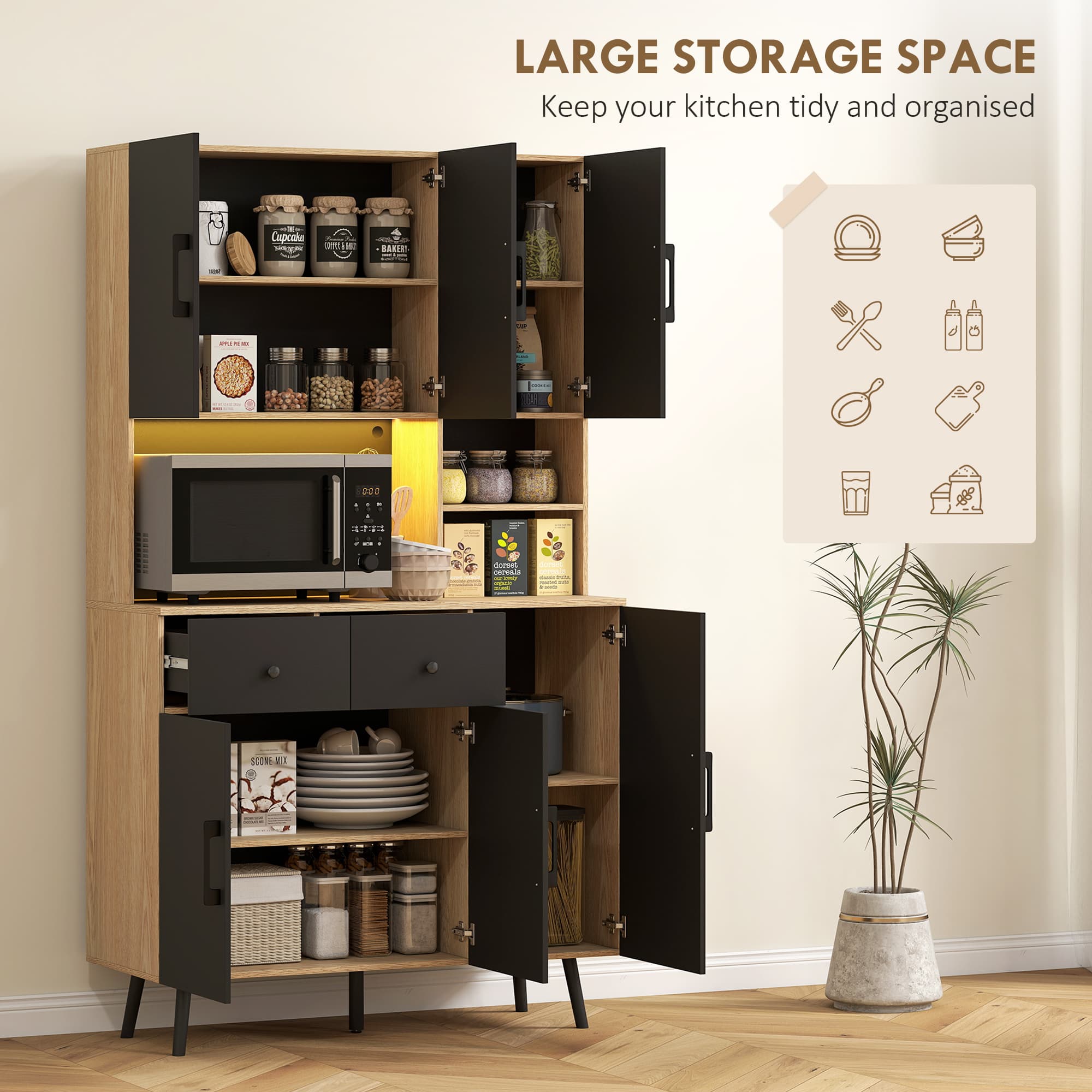 176cm Oak & Black Kitchen Cupboard with Smart LED Lighting - image 5
