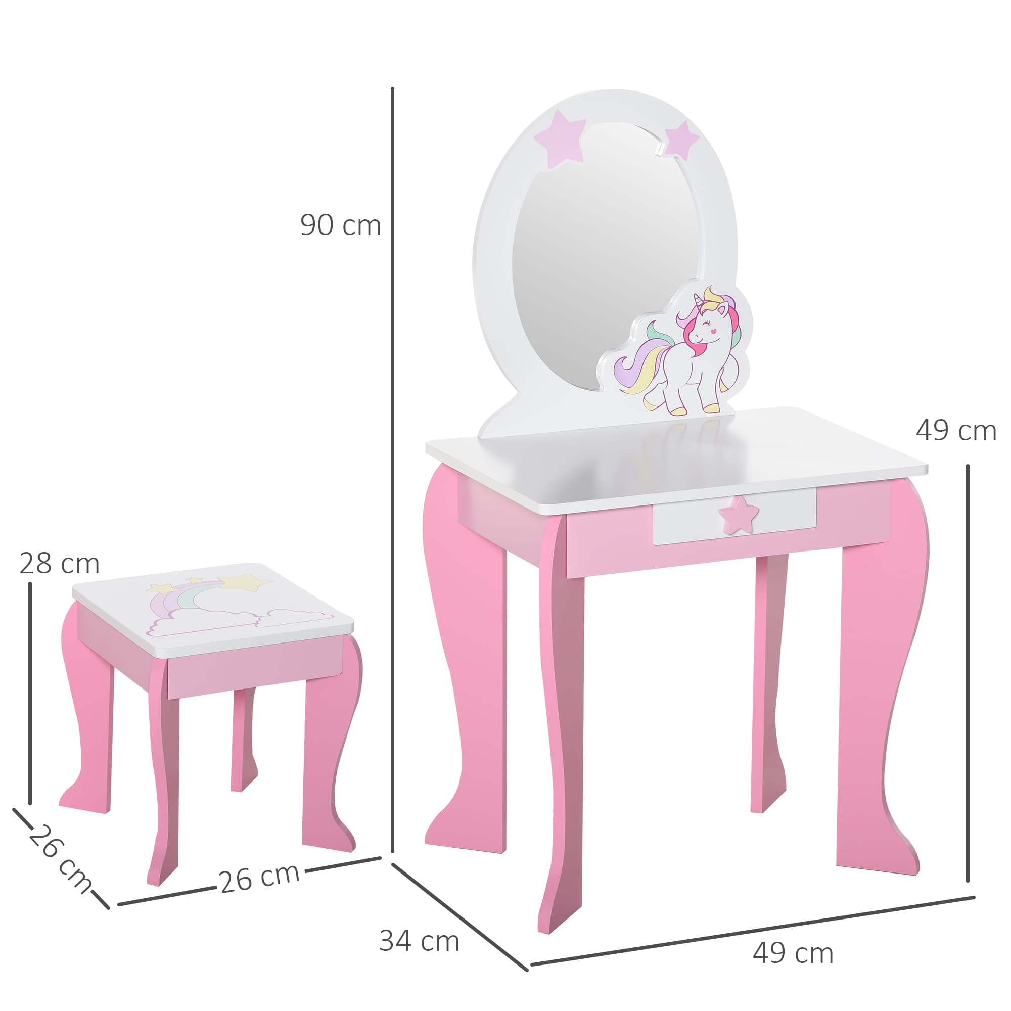 Kids Unicorn Dressing Table with Mirror and Stool — Pink and White - image 10