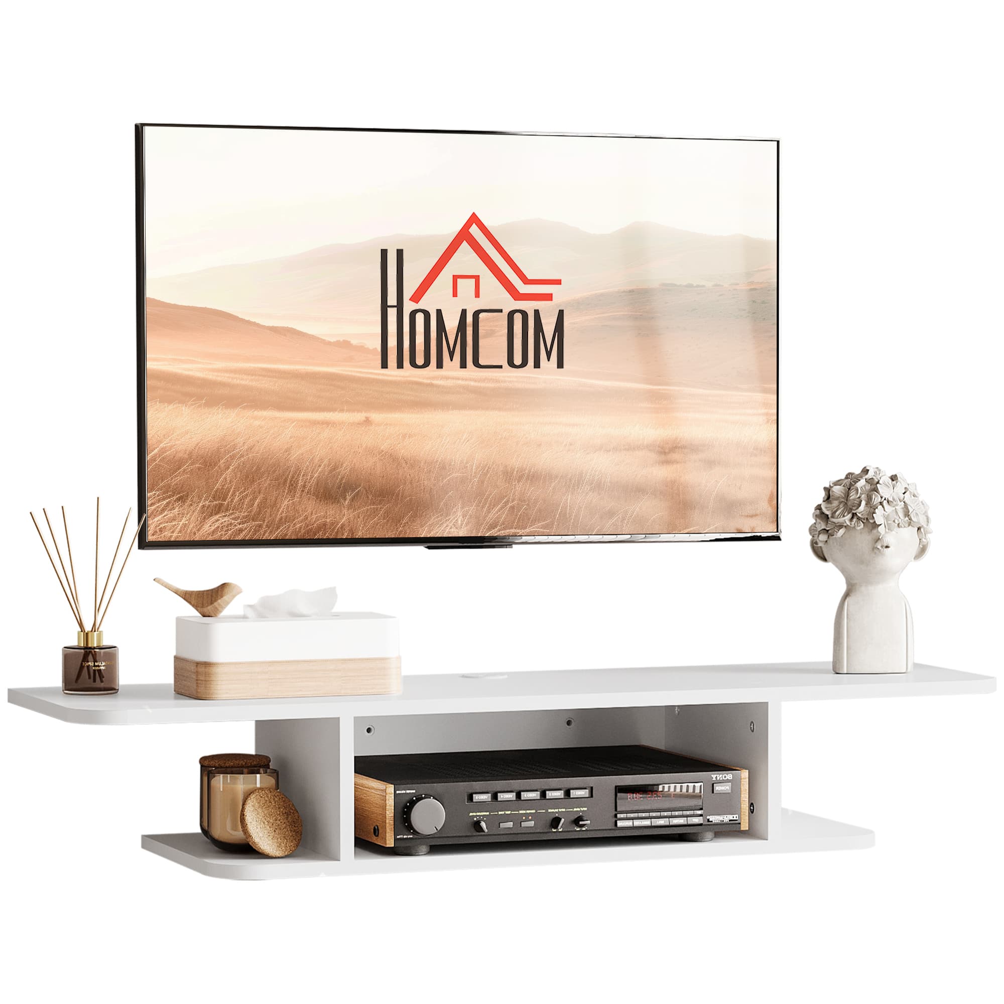 White floating TV shelf for compact media storage - White