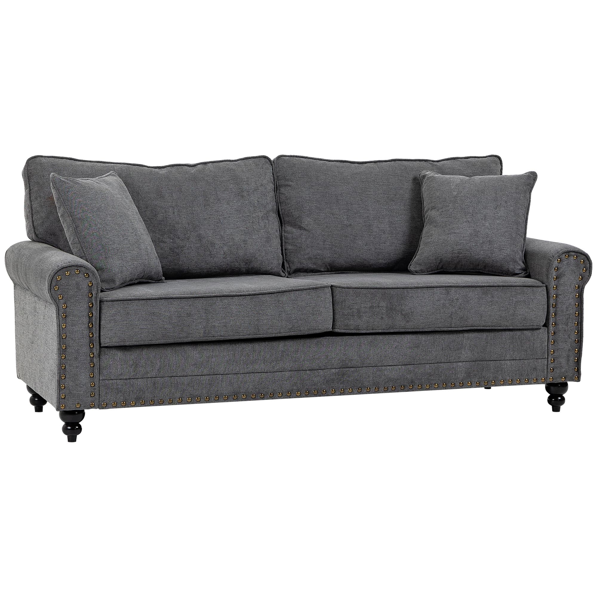 Elegant Grey 3 Seater Fabric Sofa with Nailhead Trim - Grey