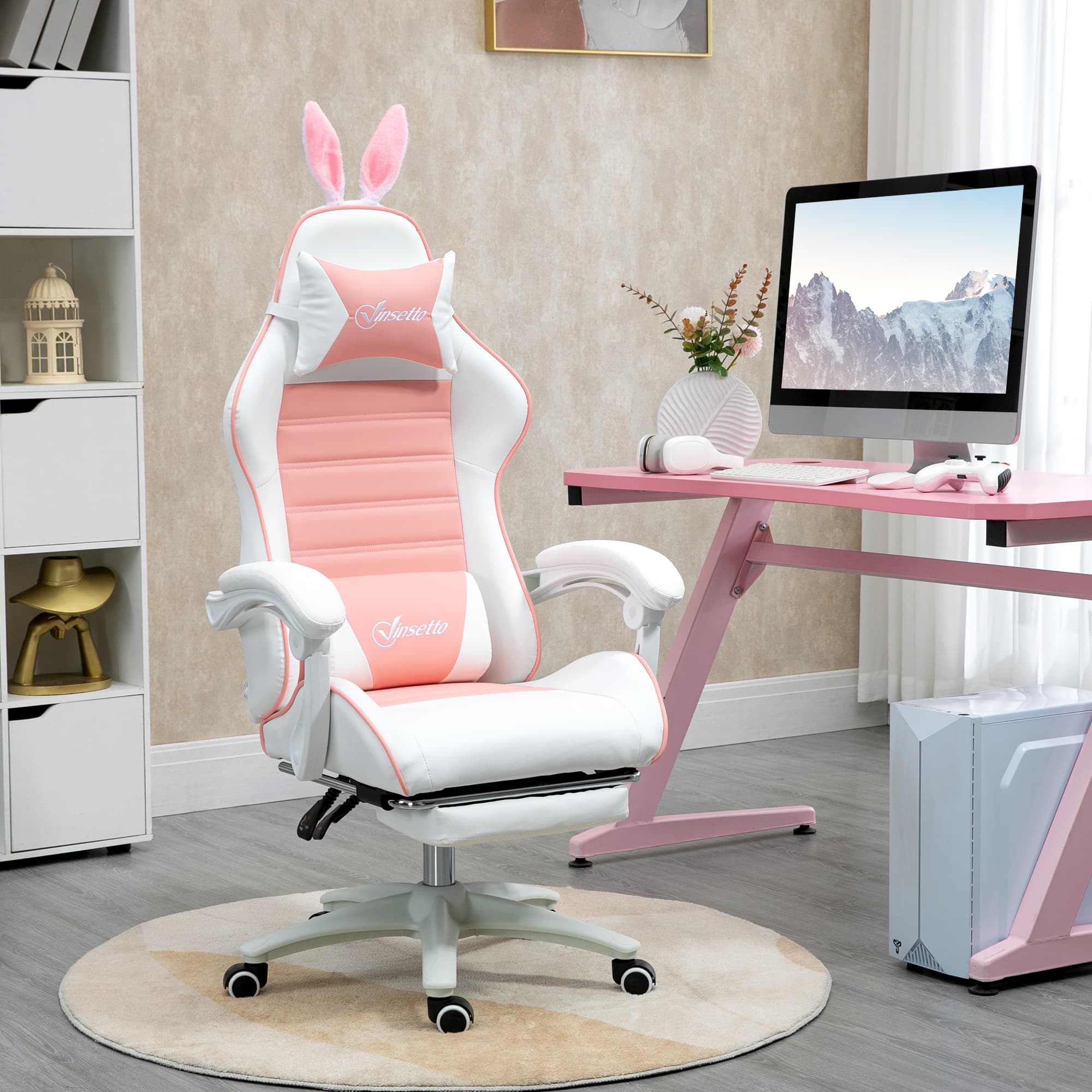 Pink Reclining Gaming Chair with Playful Bunny Ears - image 2