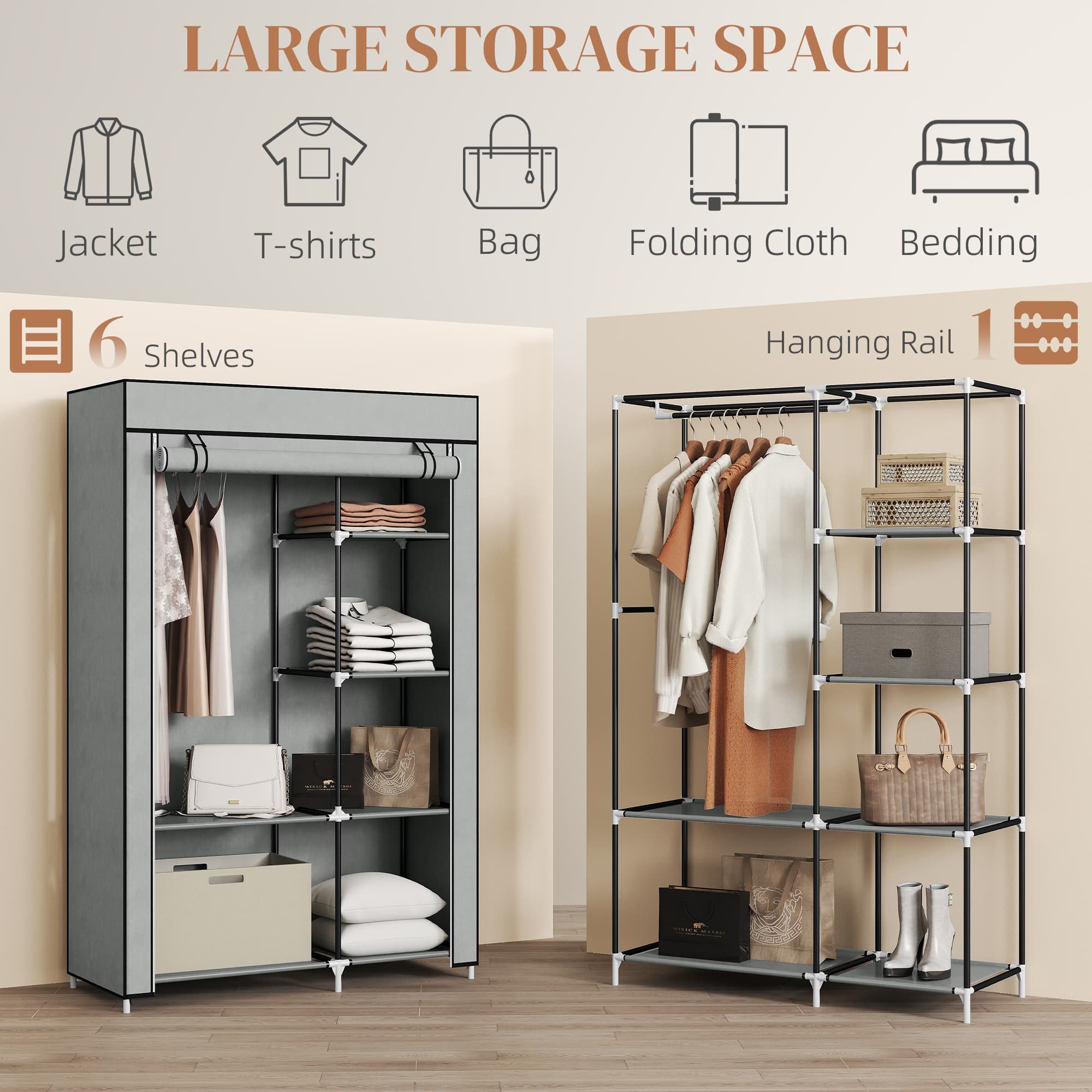 Light Grey Fabric Wardrobe with Rail and Six Shelves - image 9