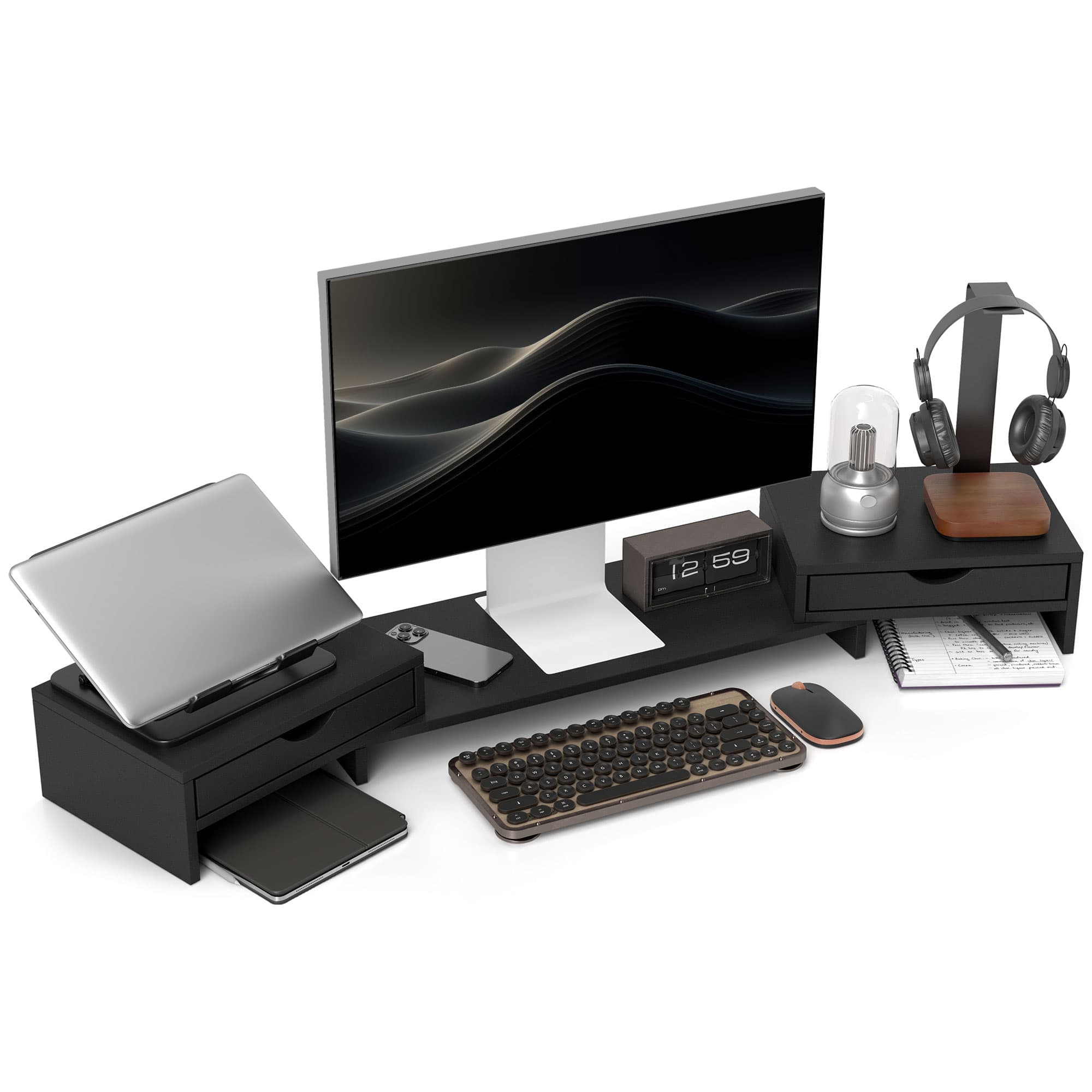 Adjustable black dual monitor riser with storage