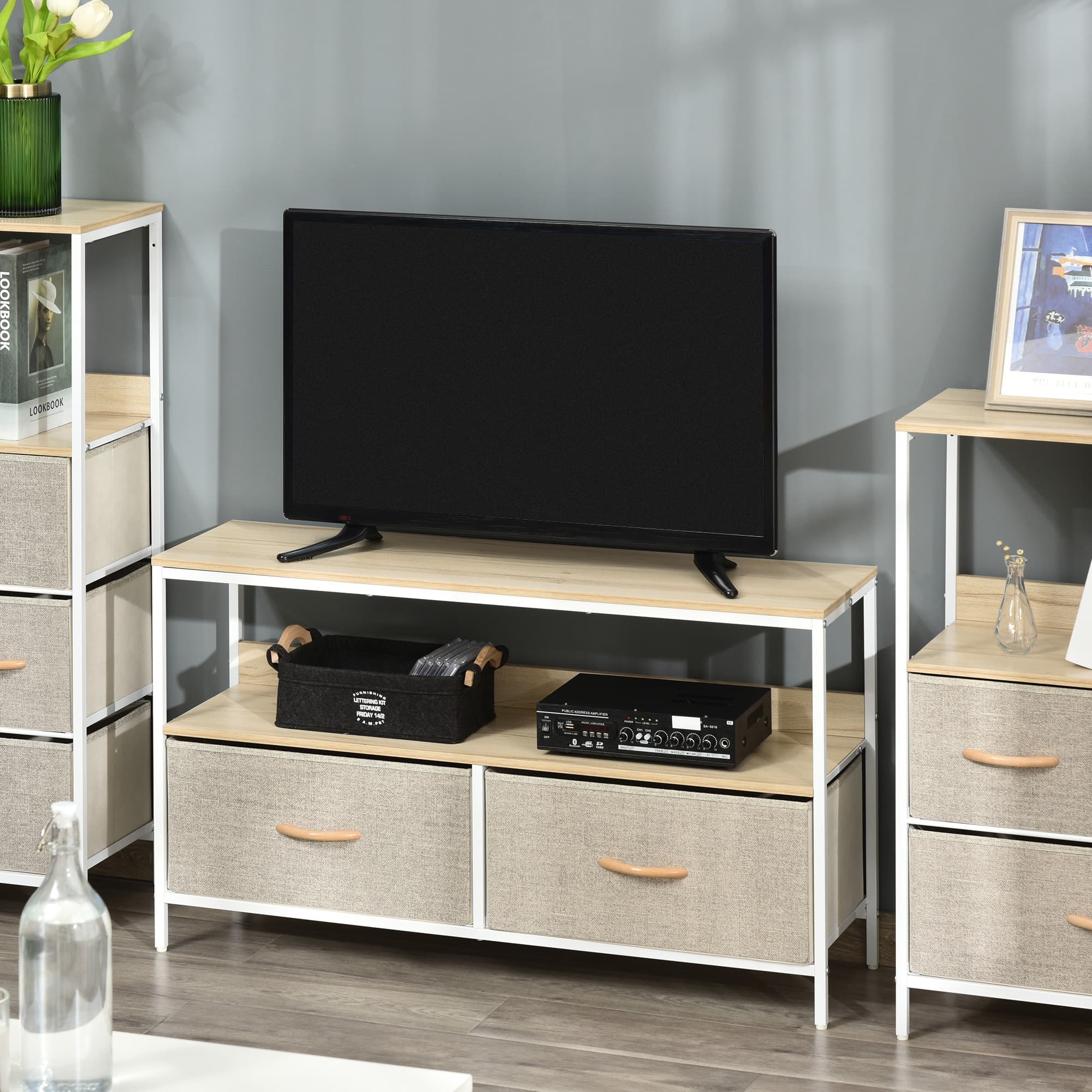 Low-Profile TV Stand with Fabric Drawers – Maple Finish - image 6