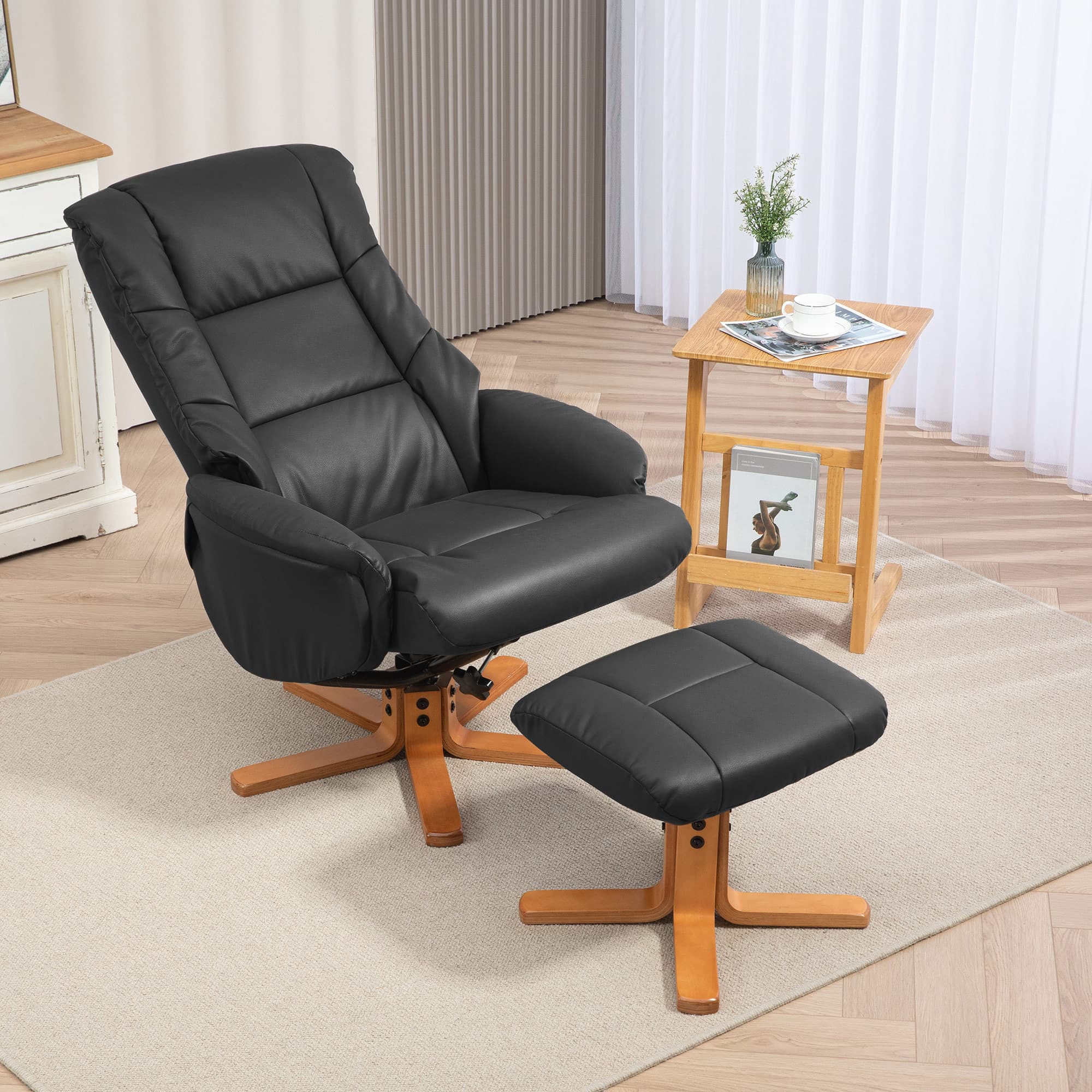 Black PU Leather Rocking Recliner Chair with Matching Footstool - image 2
