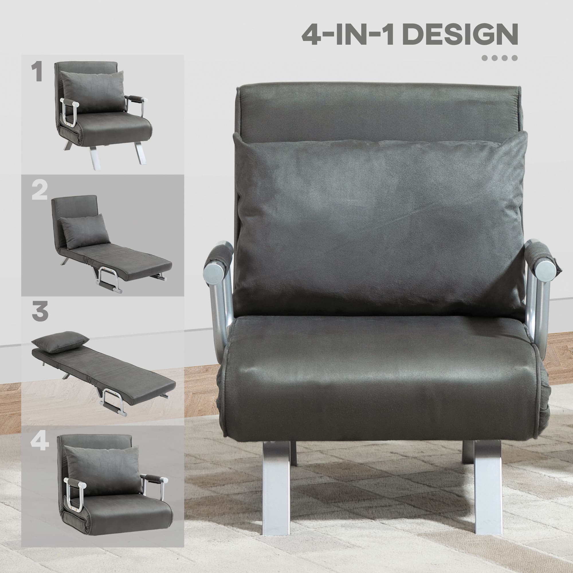 Transform Your Space with this 4-in-1 Grey Faux Suede Chair Bed - image 1