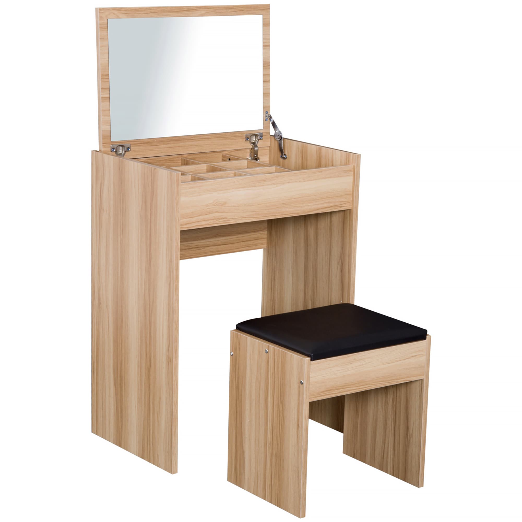 Space-Saving Wood Dressing Table Set with Flip-Up Mirror - Wood Grain Colour