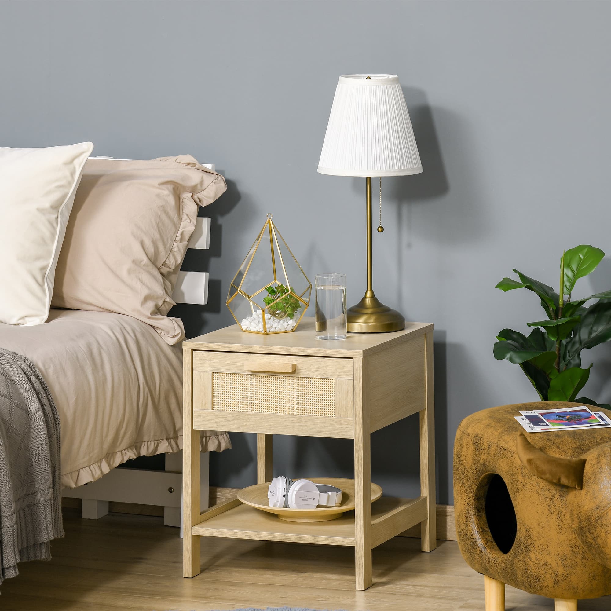 A natural rattan bedside table with drawer and storage shelf - image 10