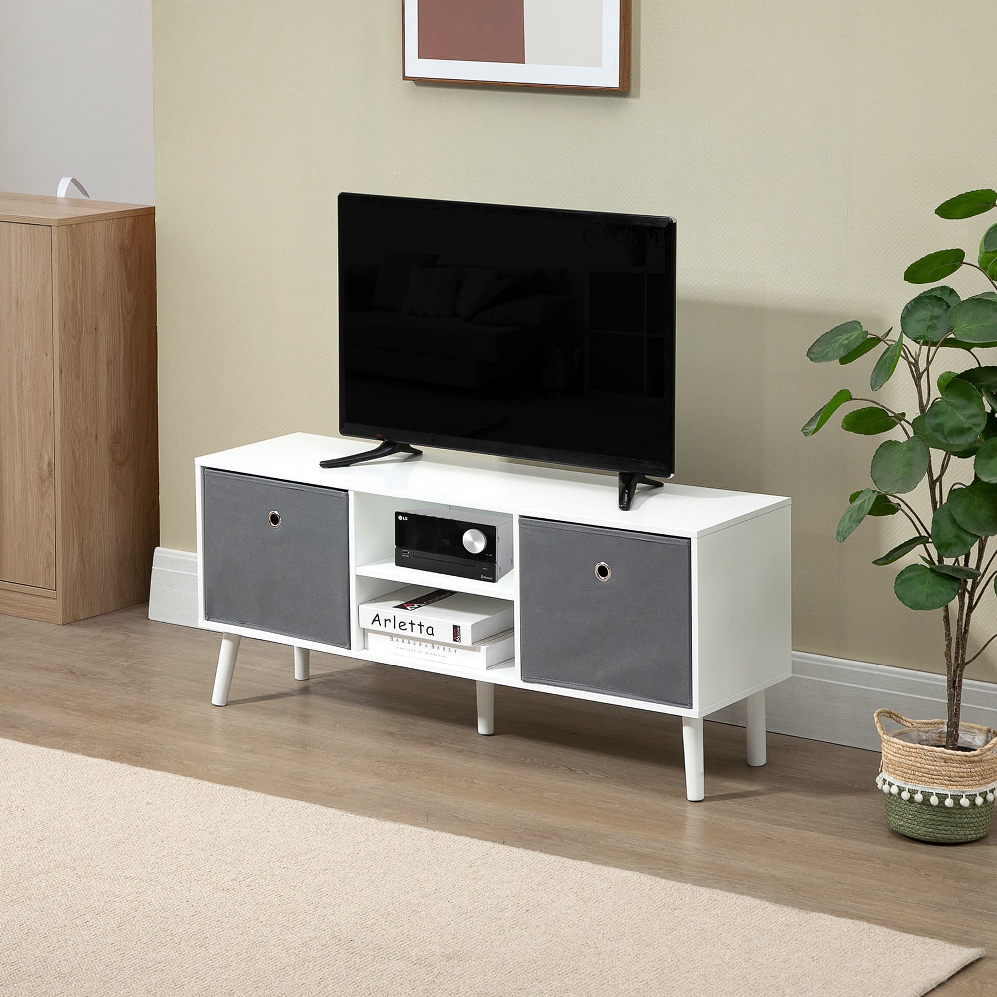 Modern White TV Unit with Removable Fabric Drawers - image 1
