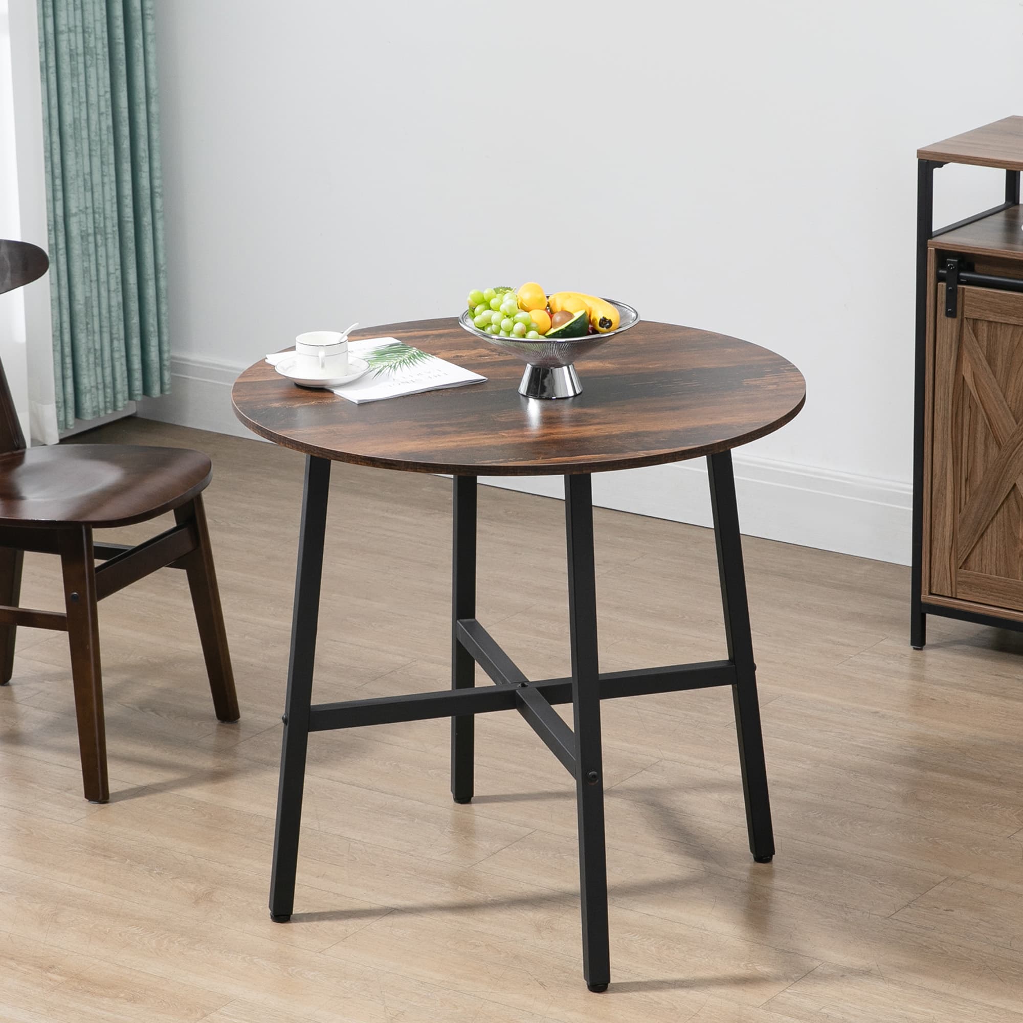 Rustic Brown Round Dining Table with Industrial Steel Legs - image 3