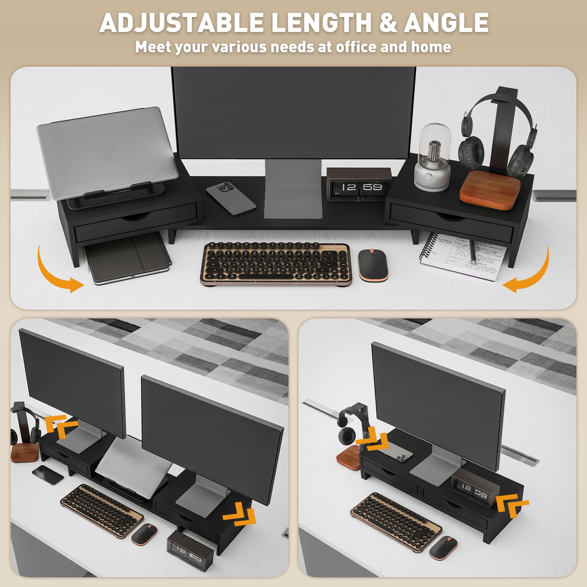 Adjustable black dual monitor riser with storage - image 1
