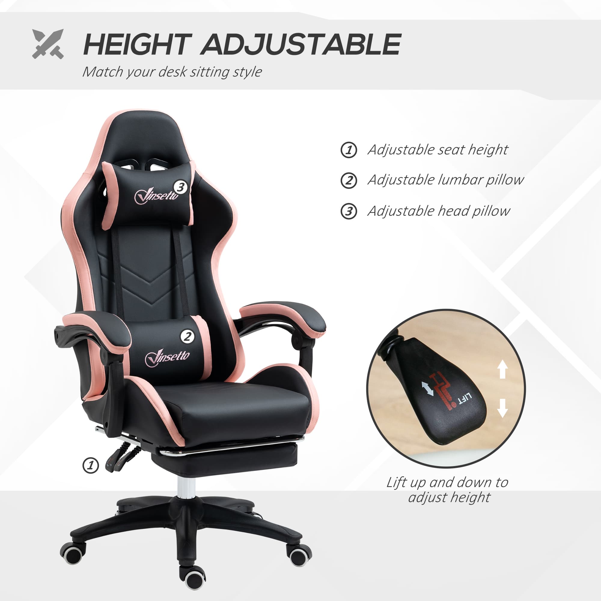 Gaming Chair with Footrest and Lumbar Support, Black & Pink - image 7