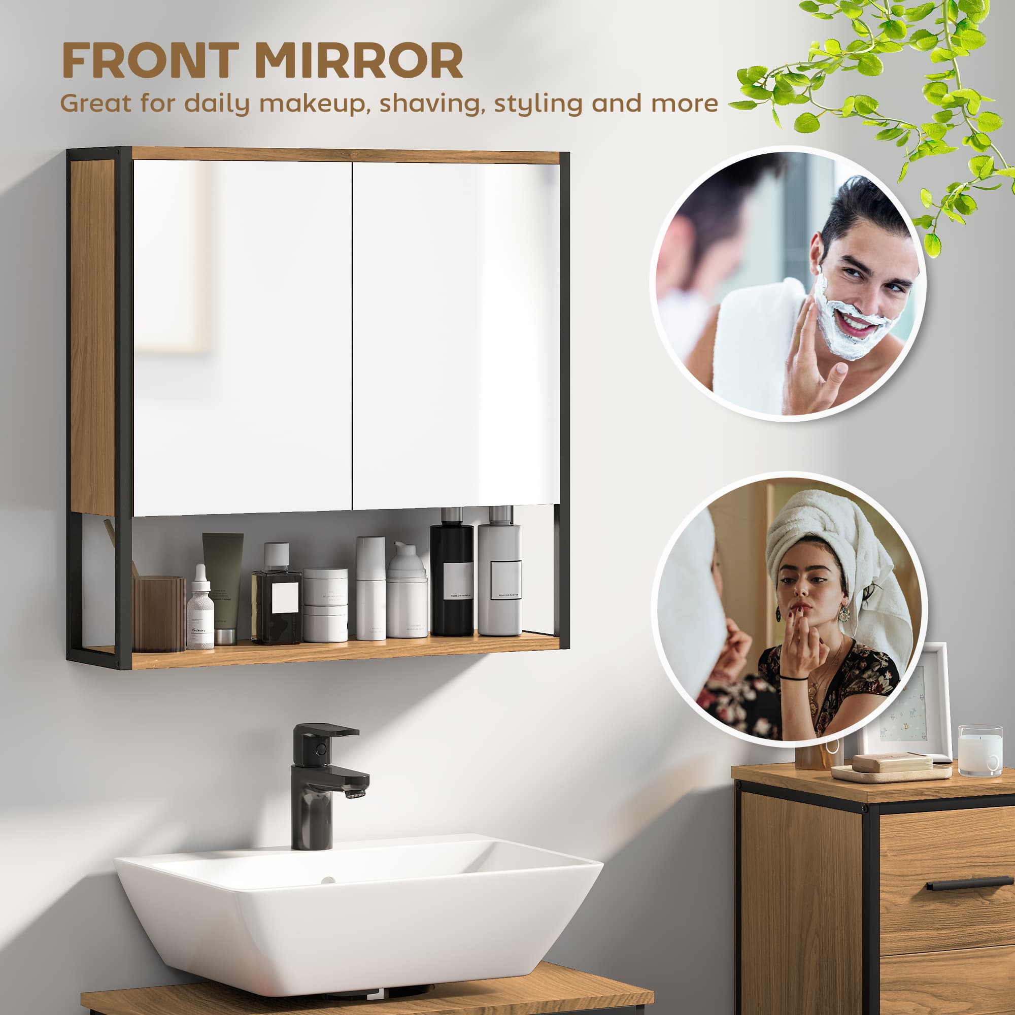 Natural Wood Bathroom Mirror Cabinet with Soft-Close Doors - image 4
