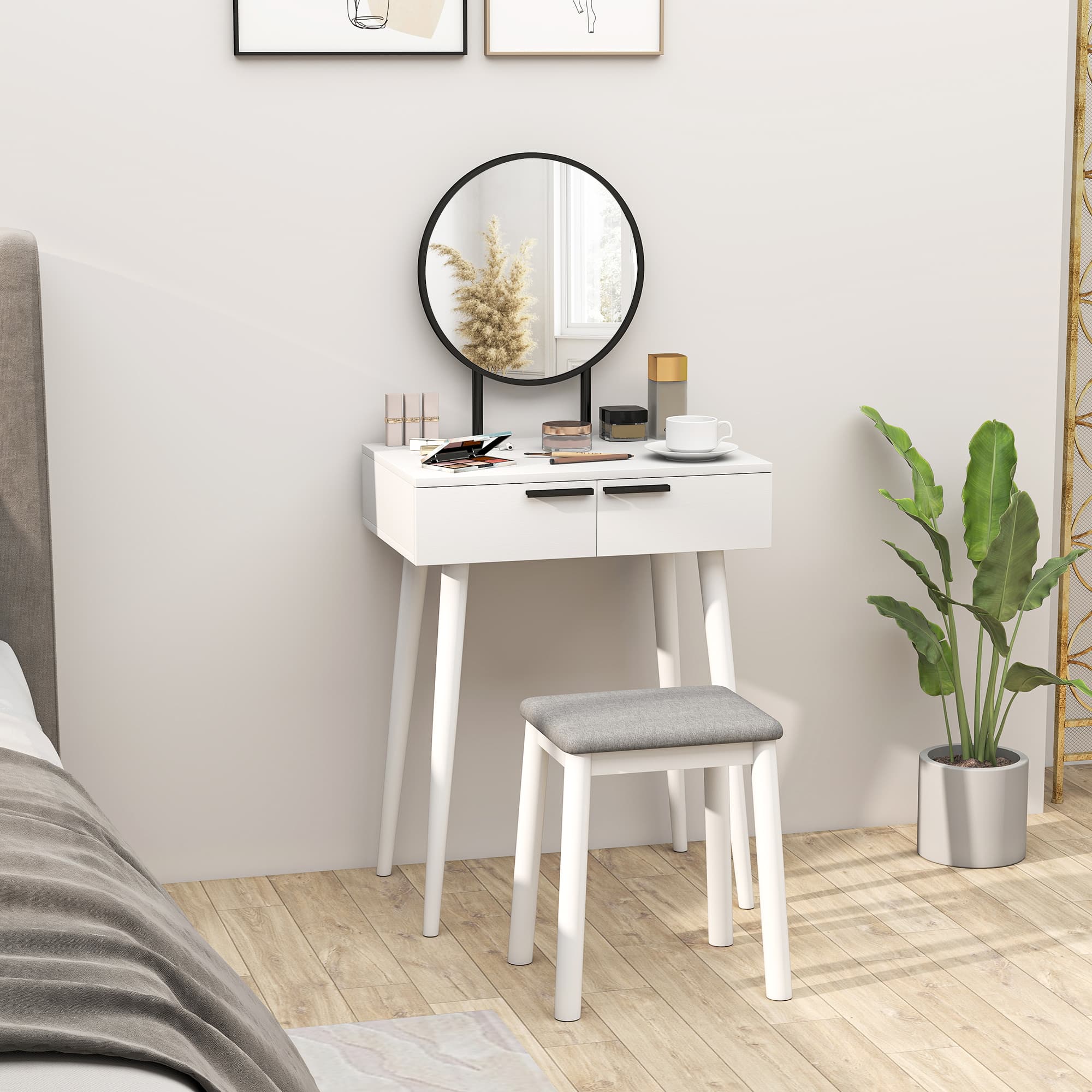 Dressing Table Set with Oval Mirror, Two Drawers and Stool - image 10