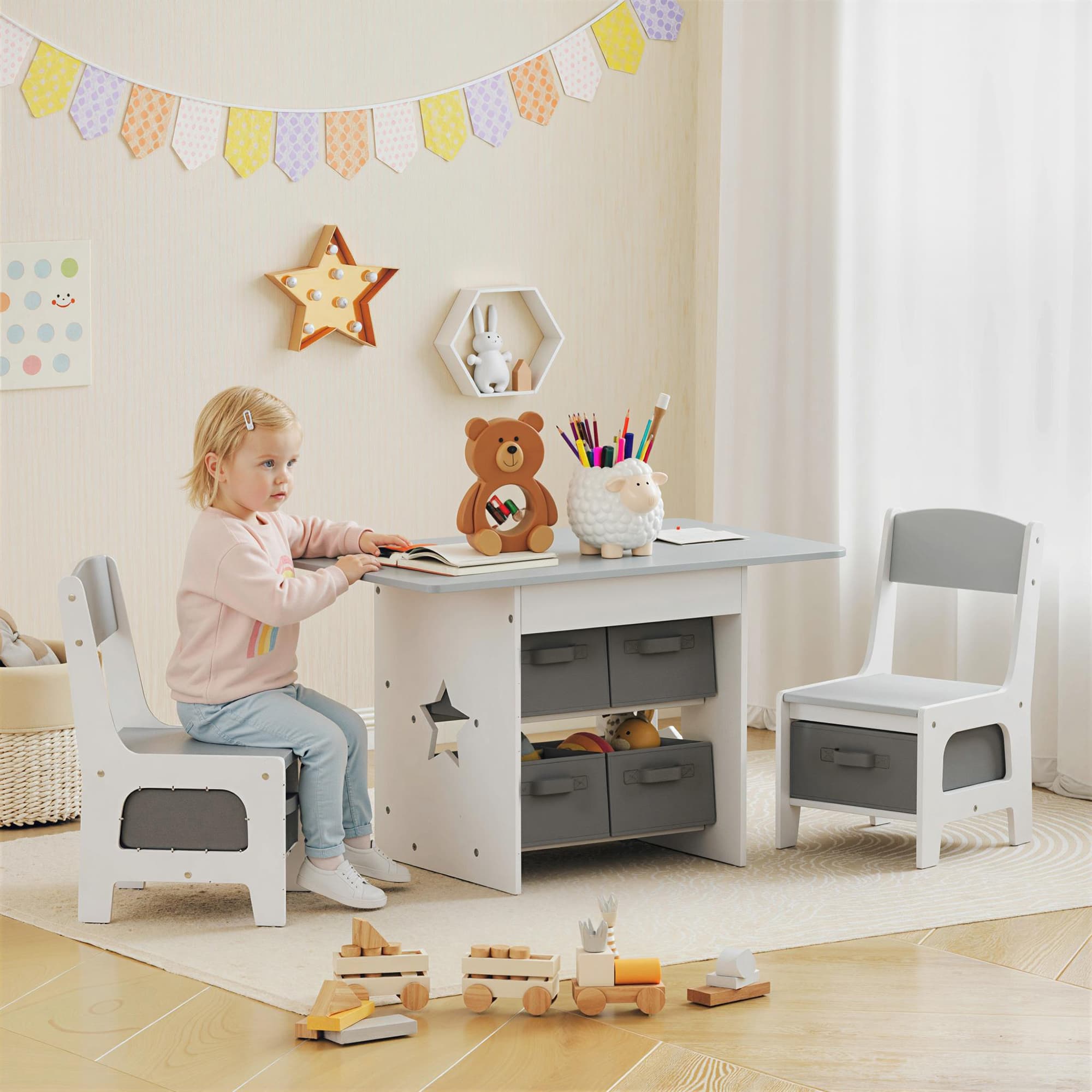 Light Grey Kids Table and 2 Chairs Set with Storage - image 1