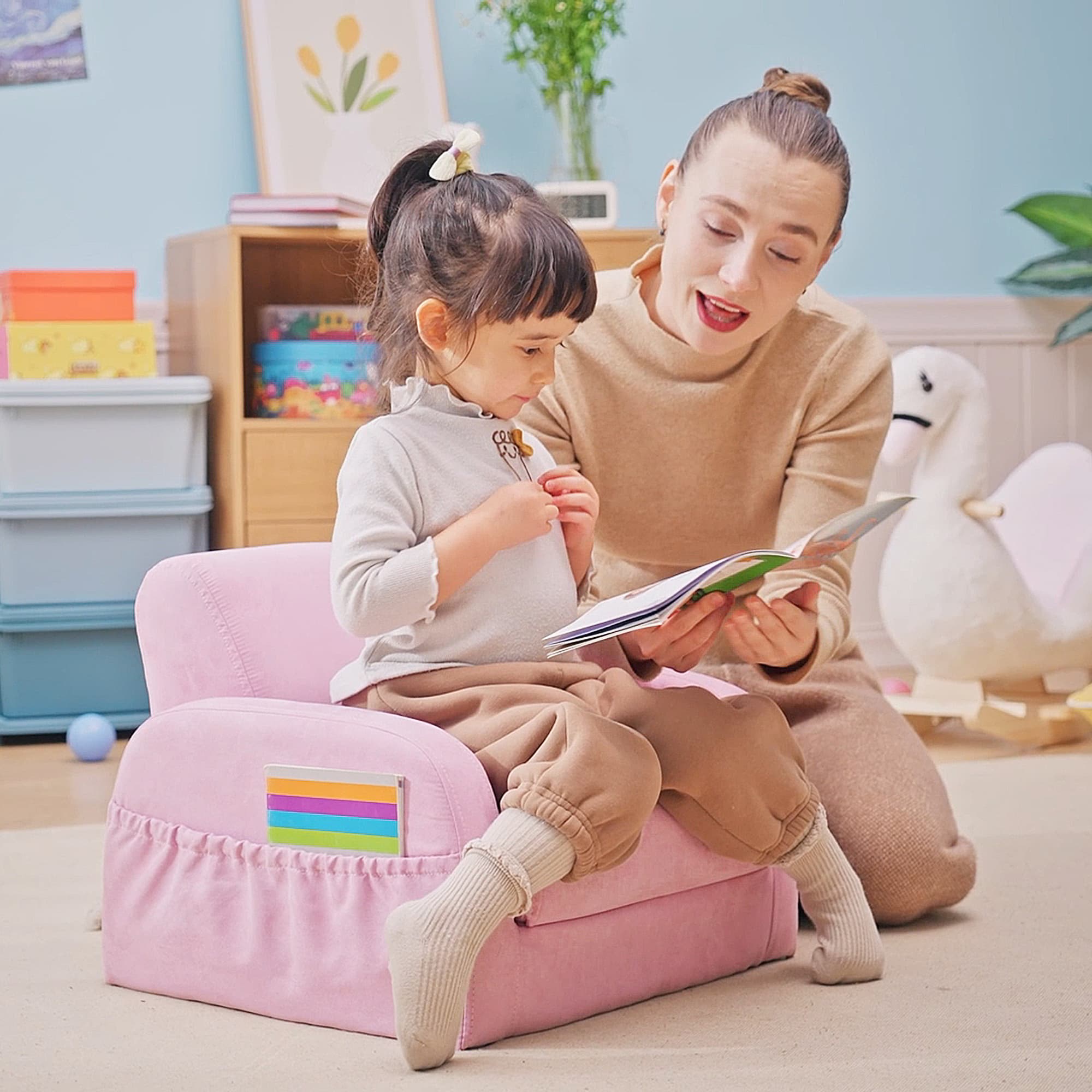 Kids 2-in-1 Armchair and Sofa Bed in Soft Pink Fabric - image 8