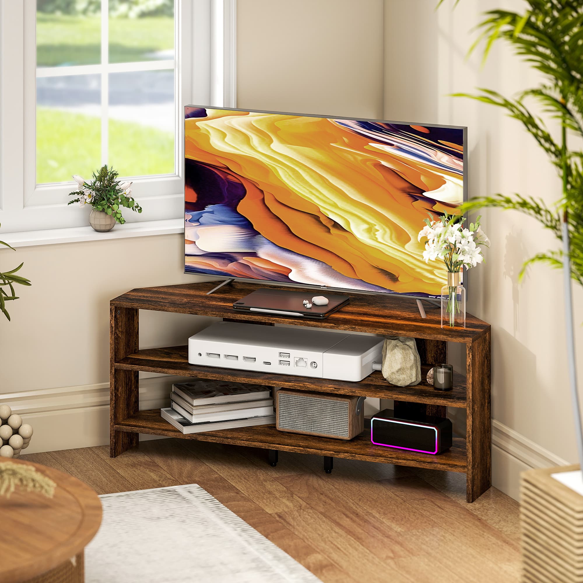 Transform Your Space with this Rustic Brown Corner TV Stand - image 3