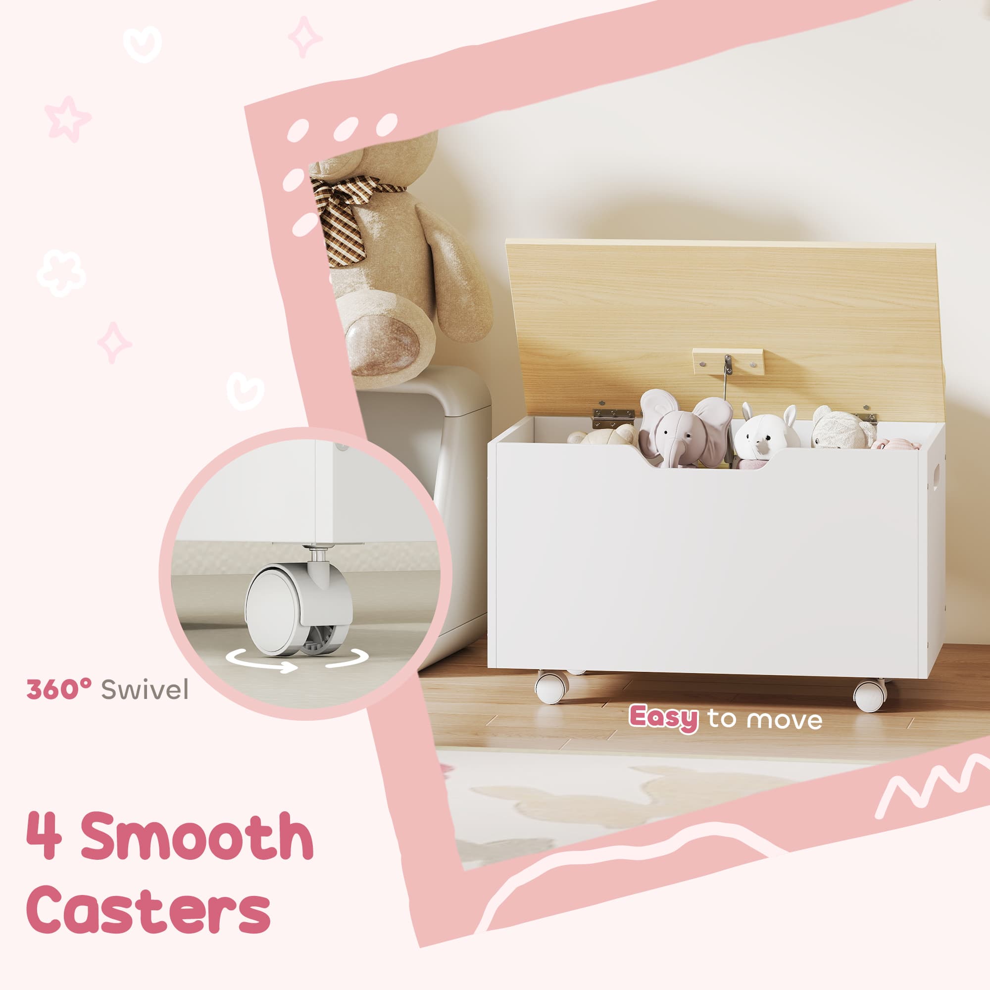 White Rolling Toy Box with Gentle-Close Safety Hinge - image 10