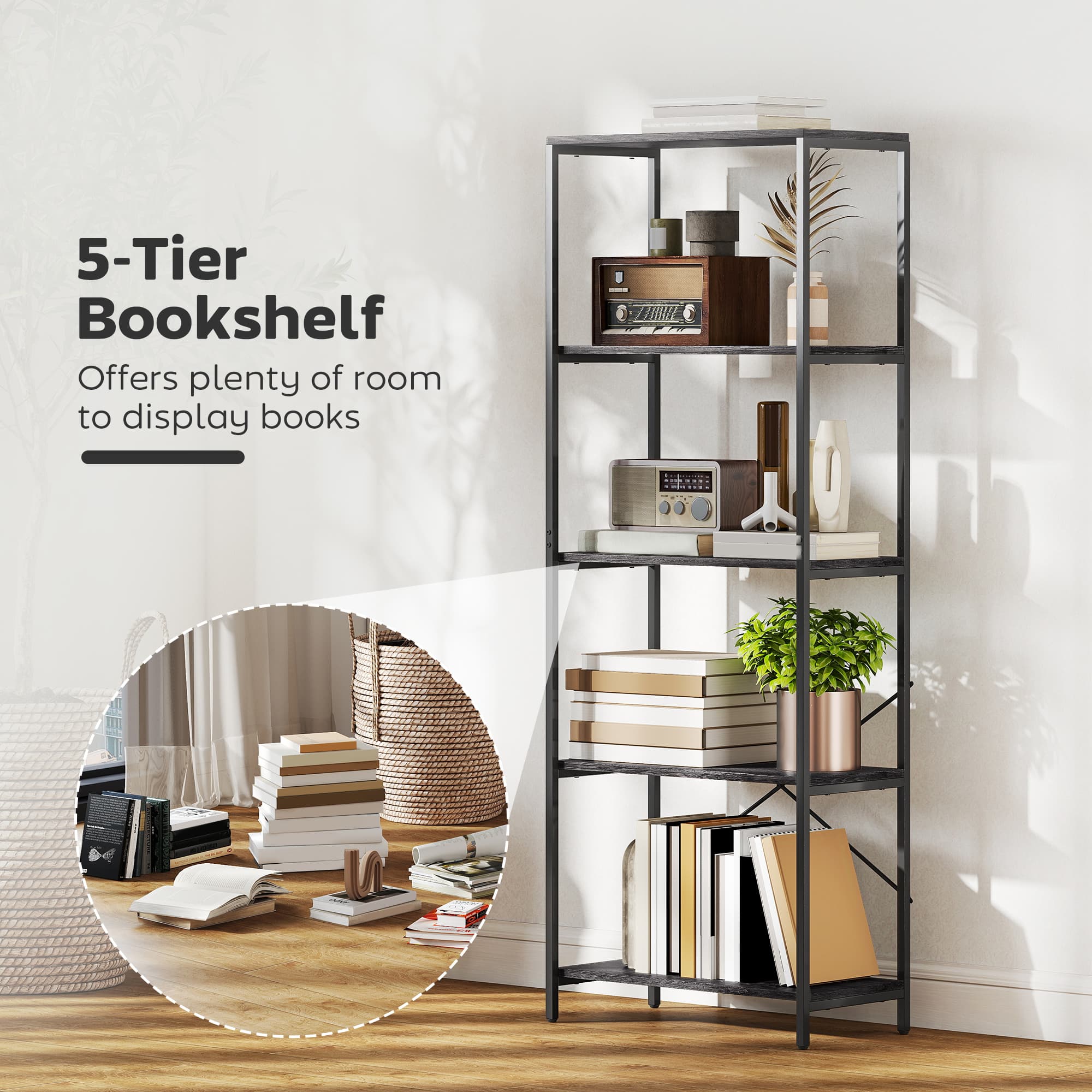 5-Tier Metal Frame Bookshelf in Dark Grey and Black - image 8