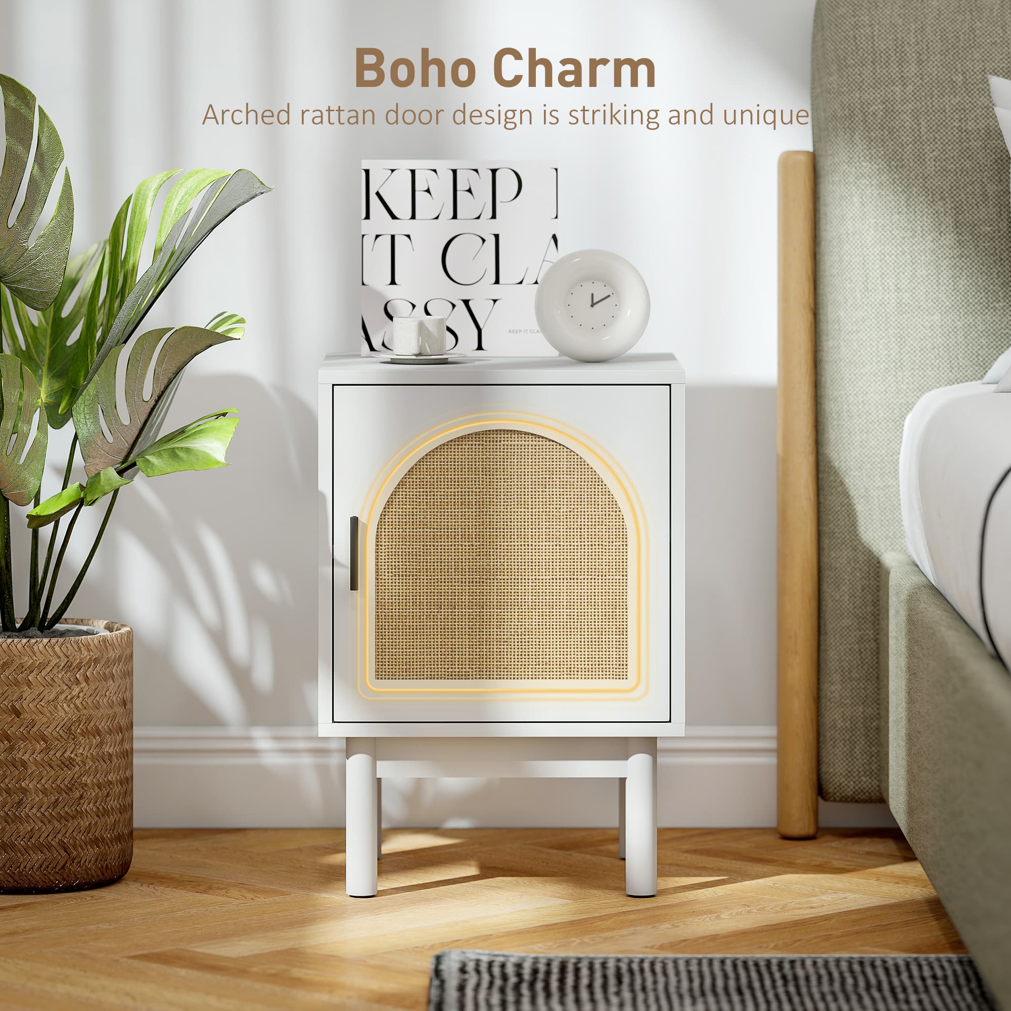 White Rattan Bedside Table with Arched Cabinet Door - image 6