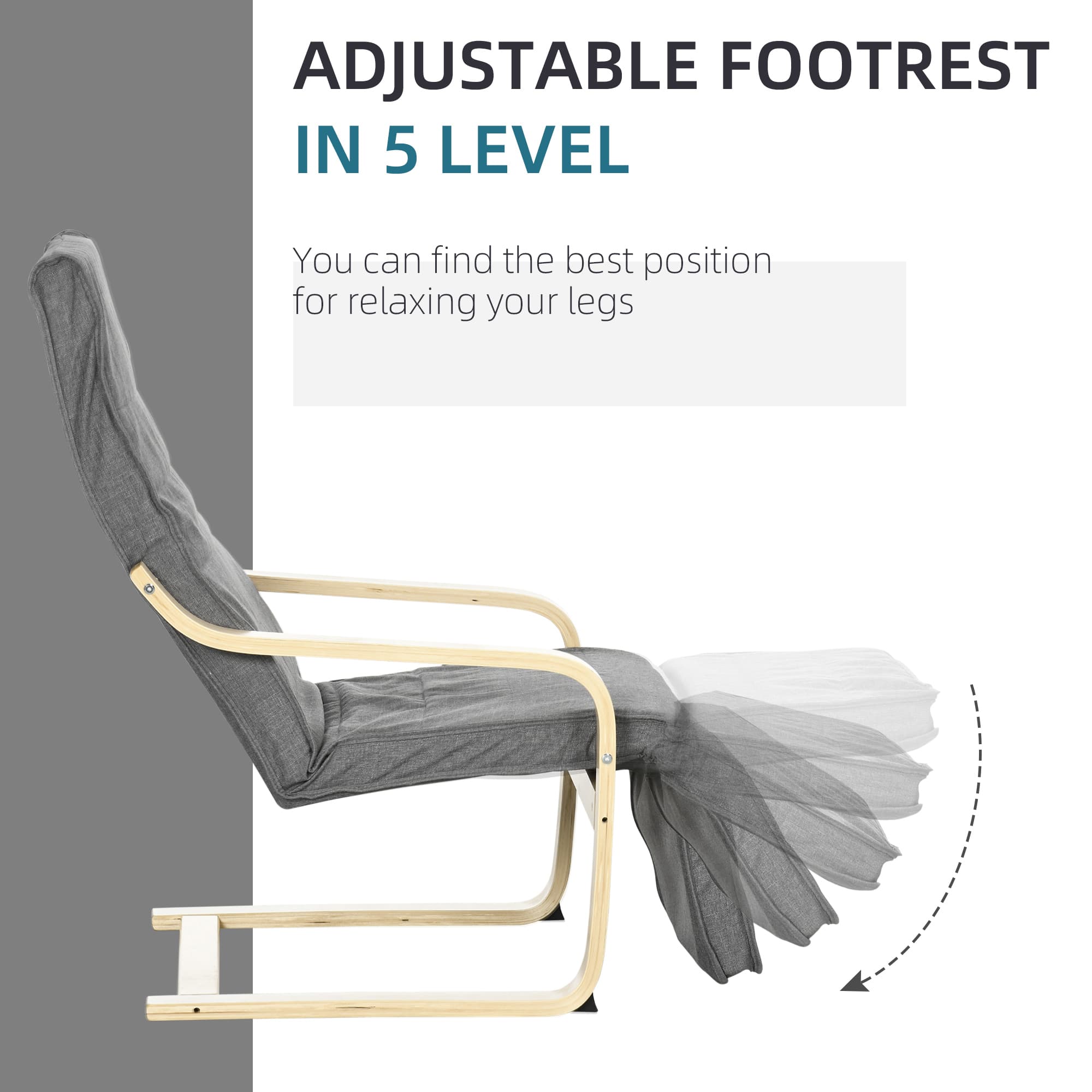 Dark Grey Birch Wood Lounge Chair & Adjustable Footrest - image 3