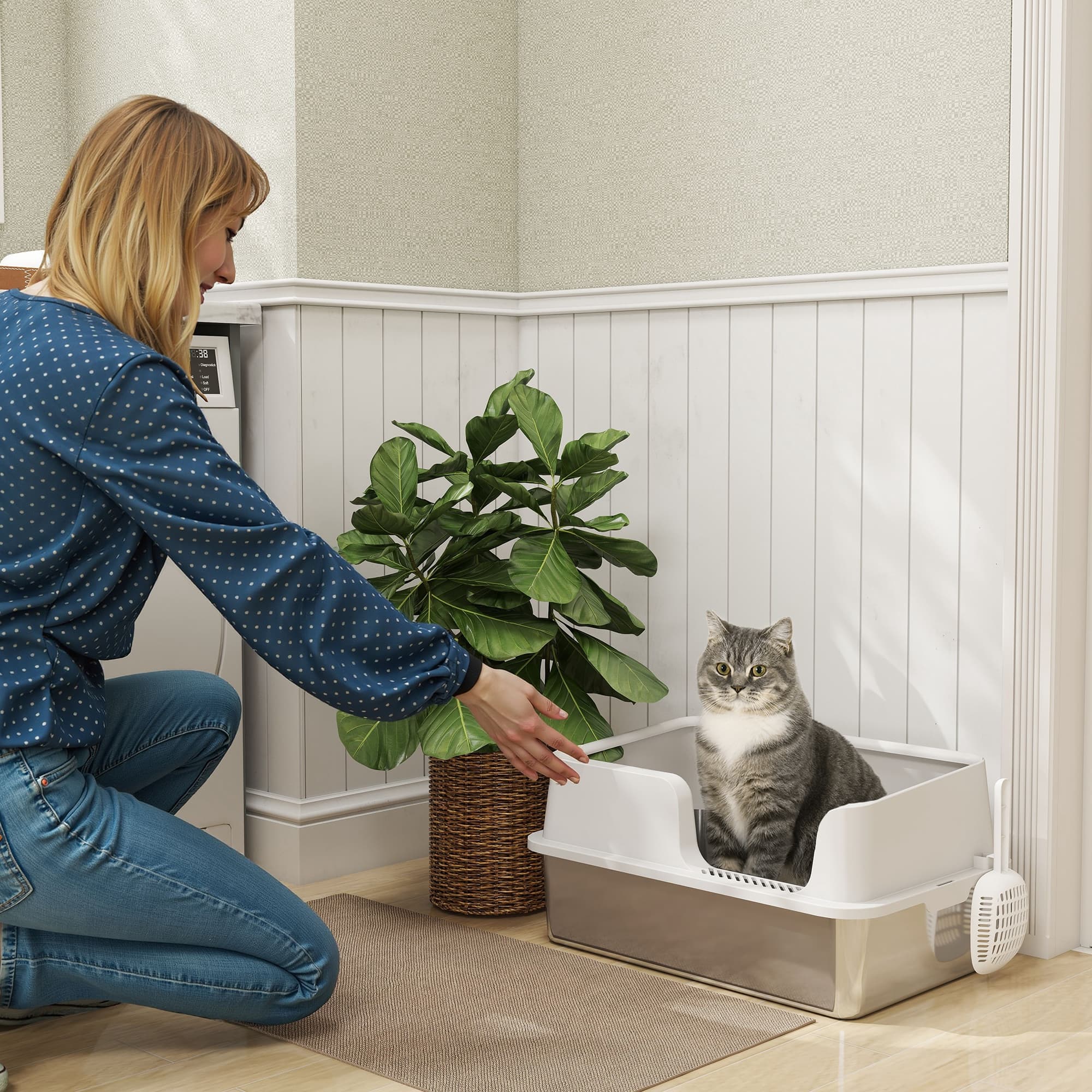 Stainless Steel Cat Litter Tray with Detachable Rim and Scoop - image 8
