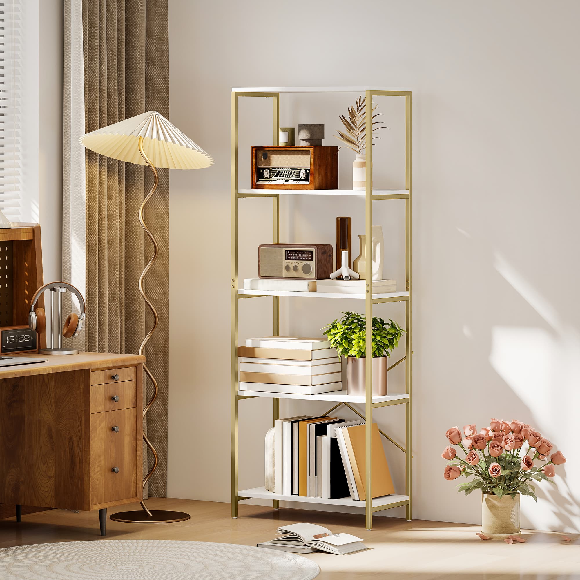 Modern White & Gold 5-Tier Bookshelf for Effortless Storage - image 1