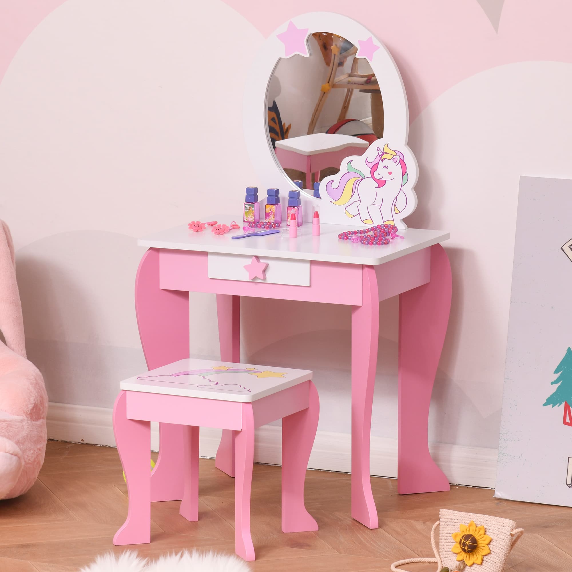 Kids Unicorn Dressing Table with Mirror and Stool — Pink and White - image 7