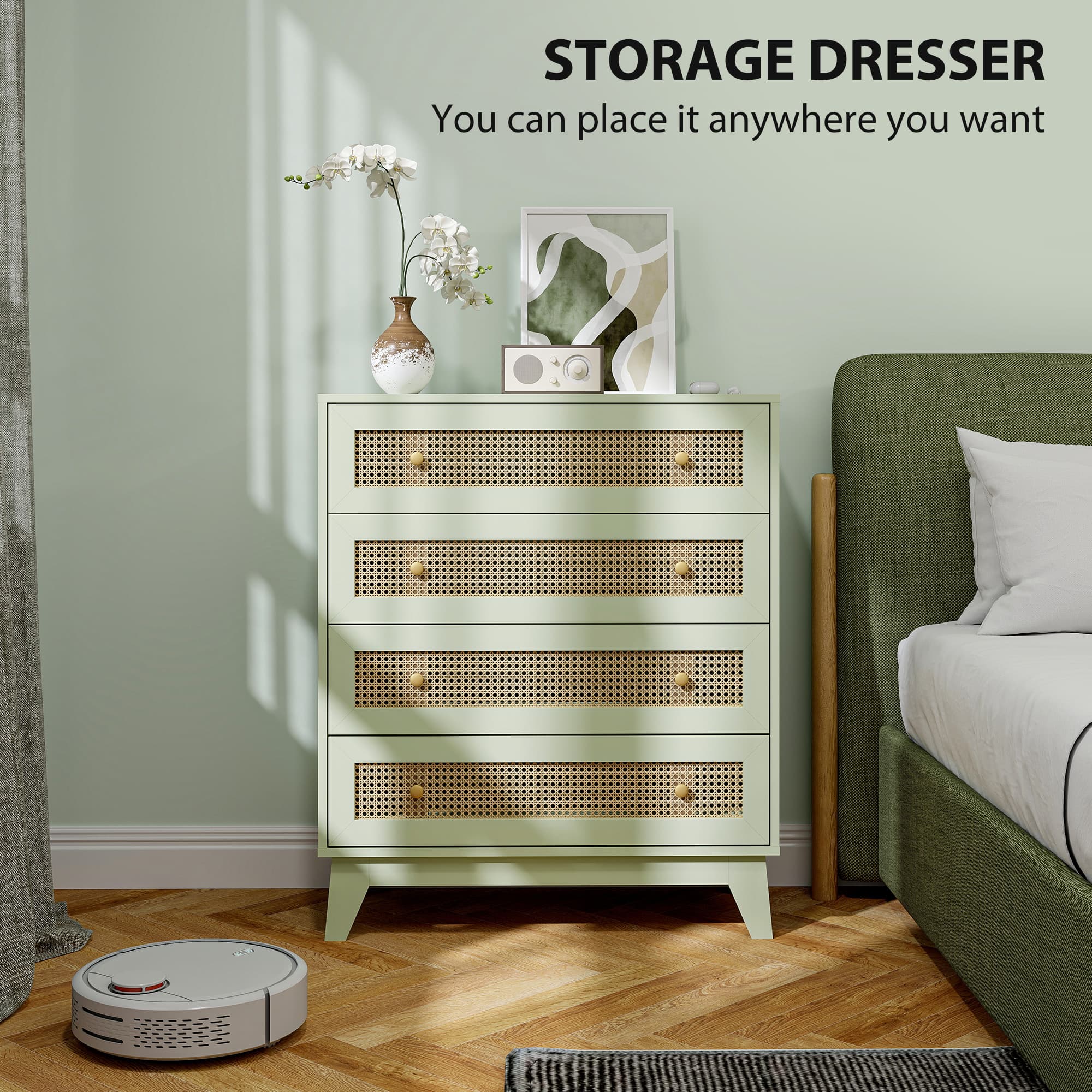 Effortless Storage: Light Green 4-Drawer Rattan Chest - image 3
