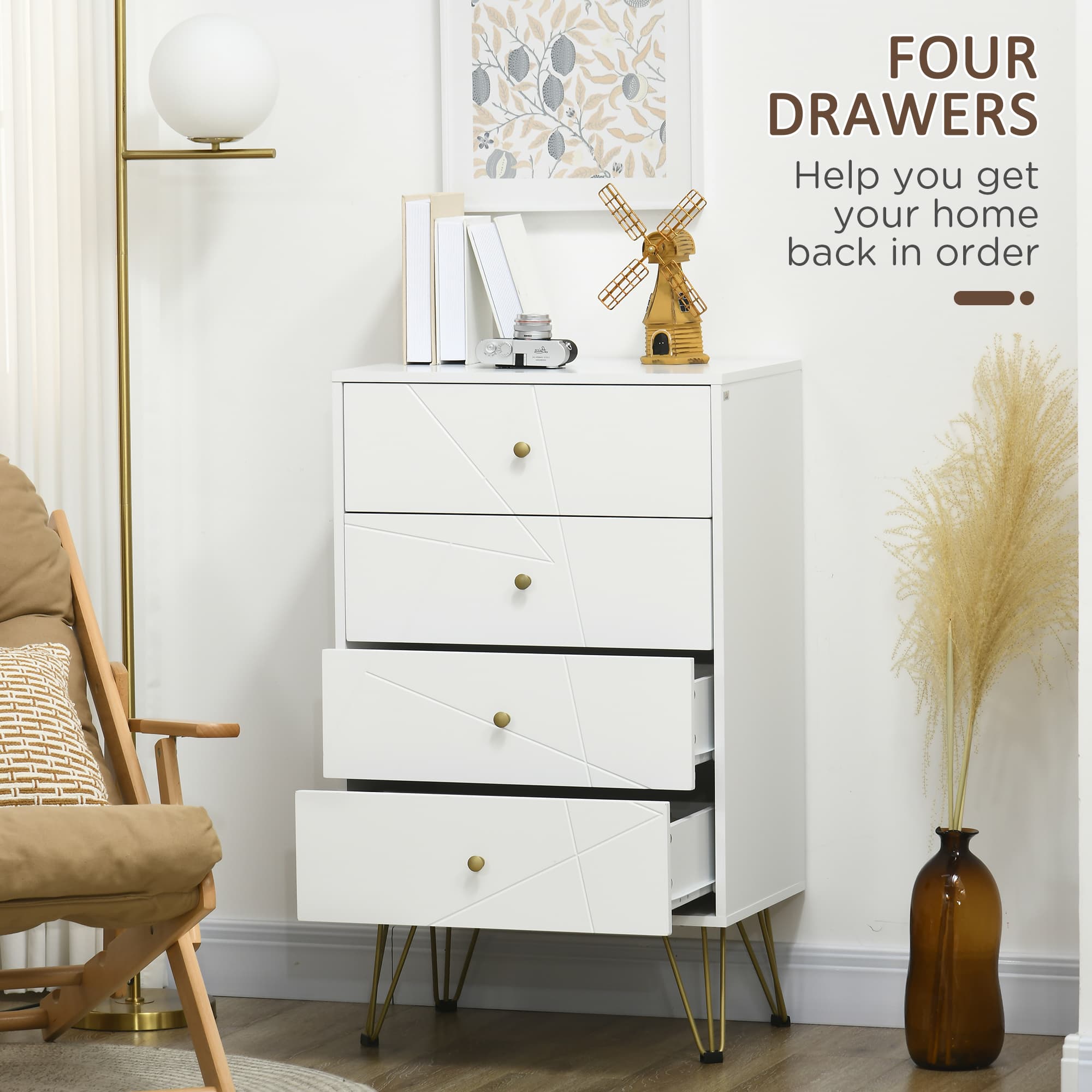 Modern White 4-Drawer Chest with Gold Hairpin Legs - image 4