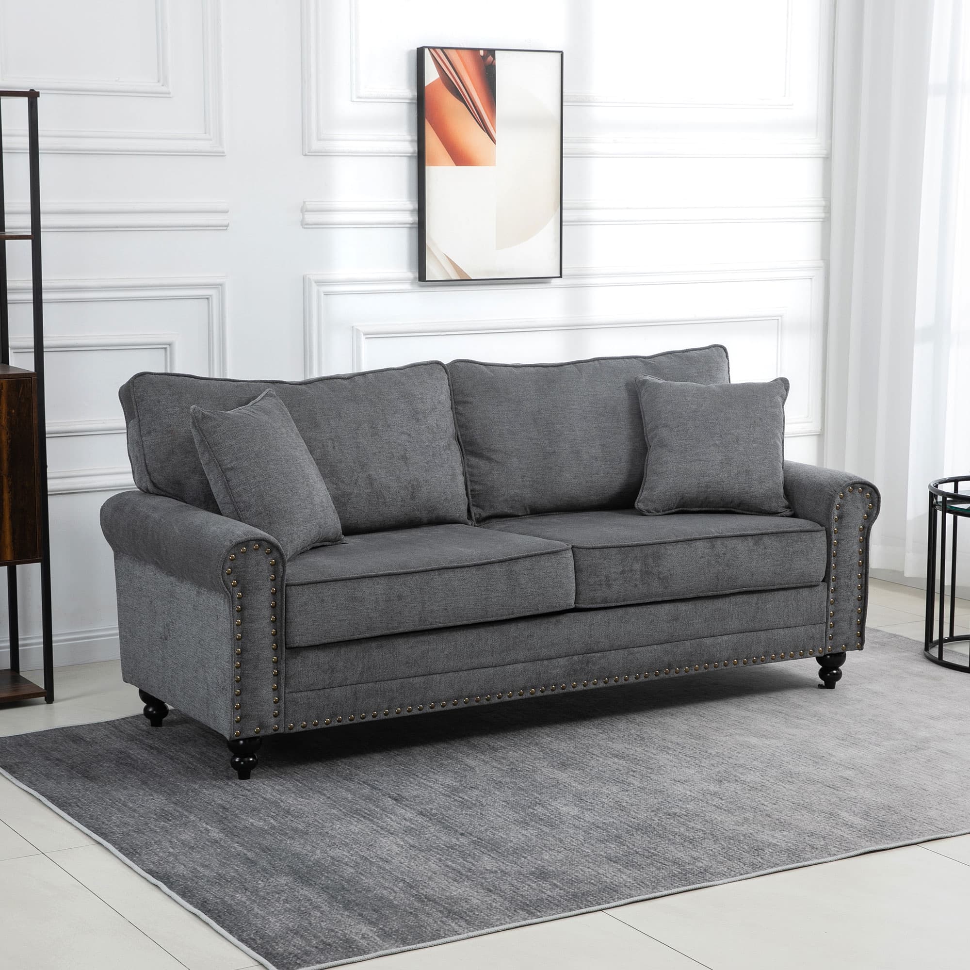 Elegant Grey 3 Seater Fabric Sofa with Nailhead Trim - image 4