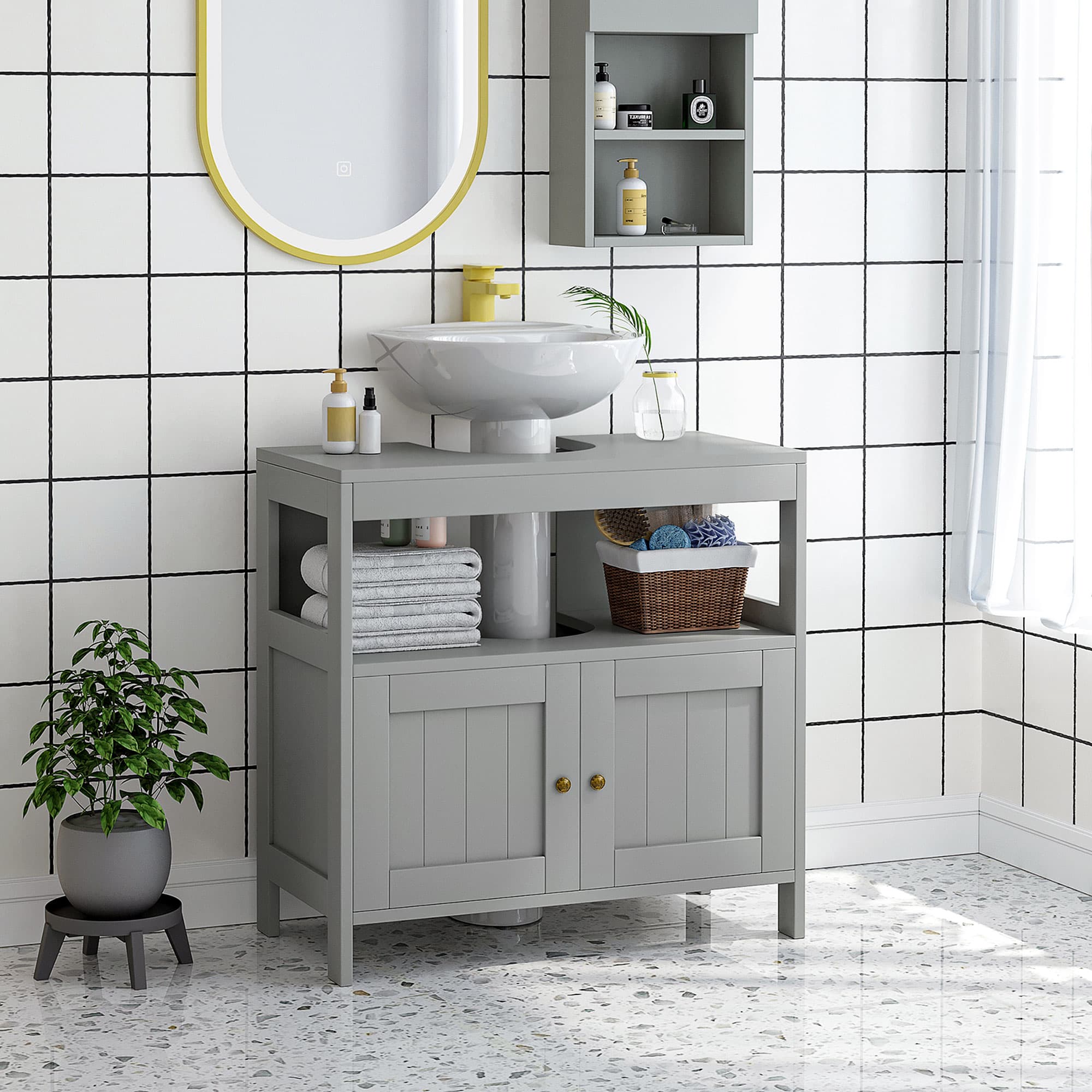 Pedestal Under-Sink Cabinet with Double Doors, Light Grey - image 7