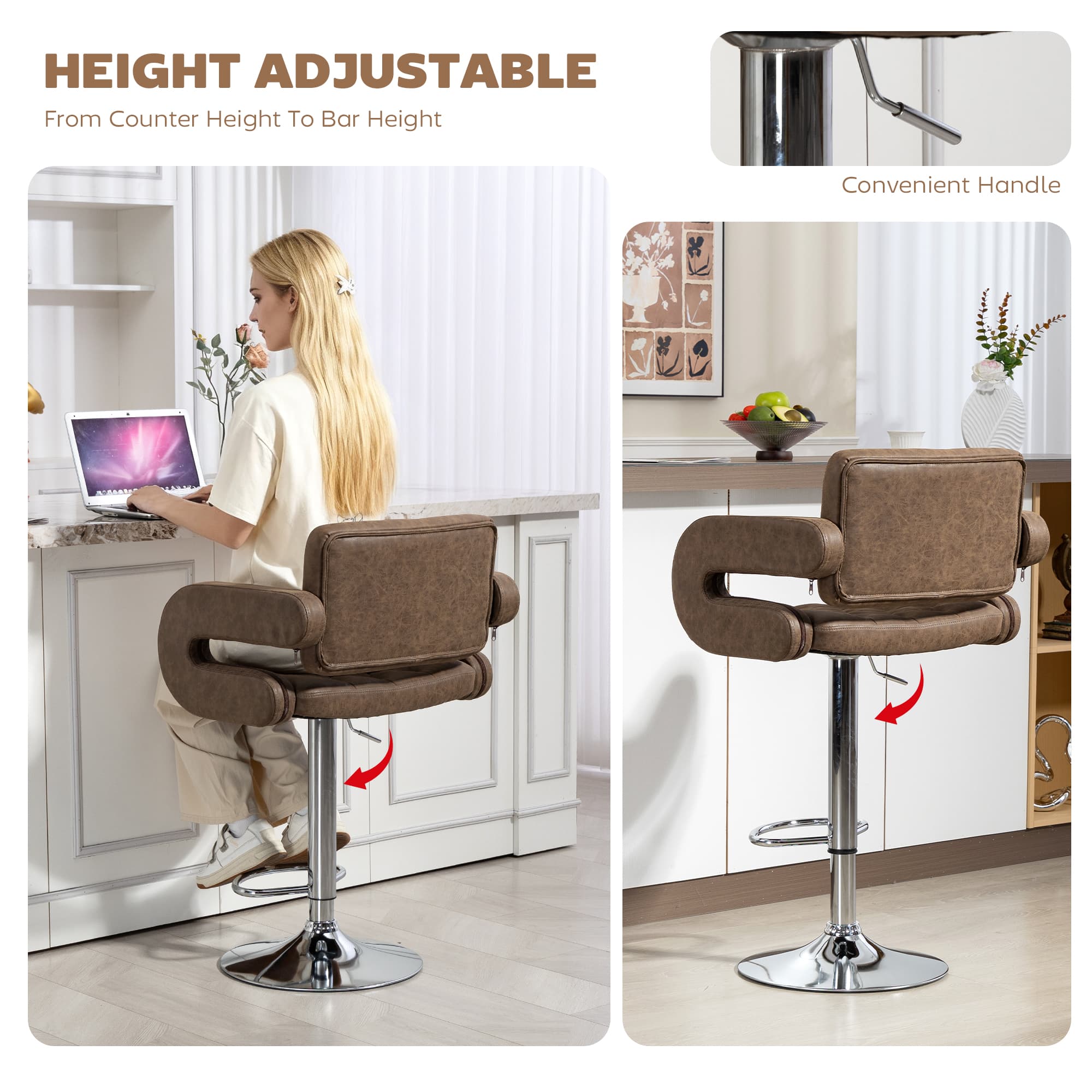 Effortless Comfort: Adjustable Coffee PU Leather Bar Stool - image 2