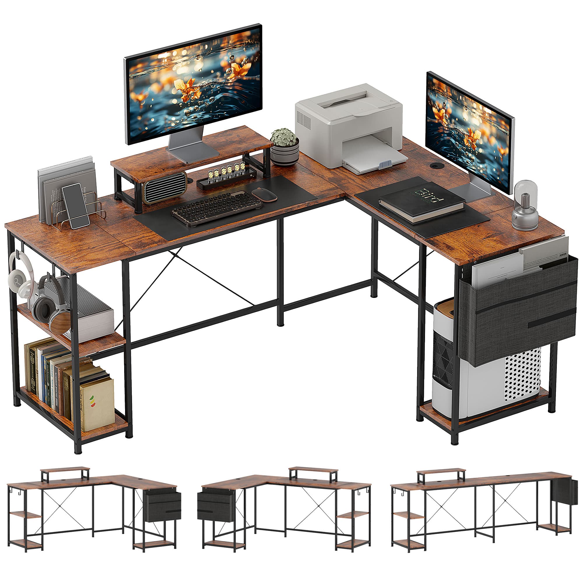 Versatile Reversible L-Shaped Desk & 2-Person Workstation - Rustic Brown