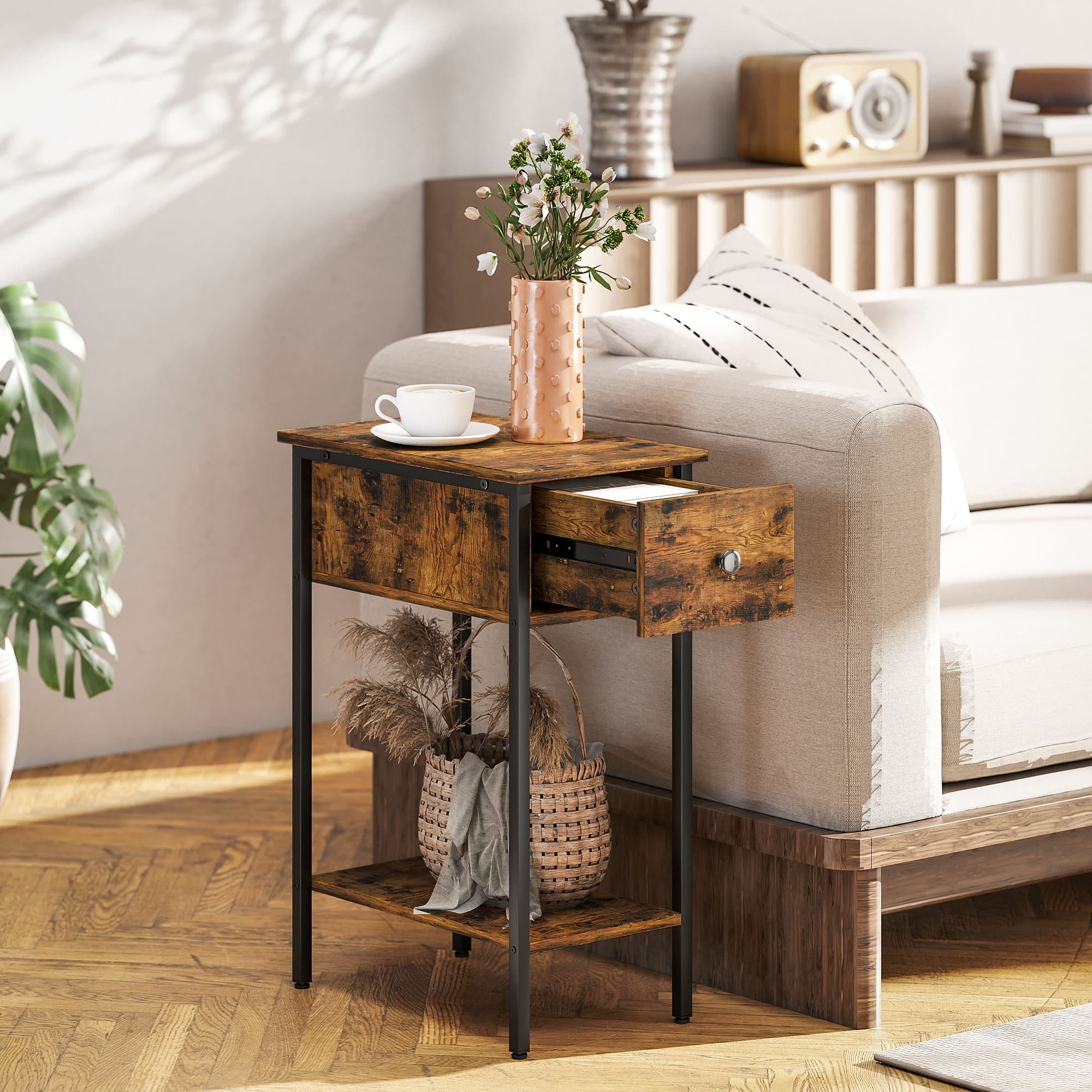 Slim Industrial Side Table with Drawer and Open Storage Shelf - image 8
